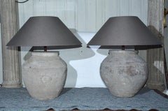 Large Antique Terracotta Jar Lamp with Shade, Sold Singly