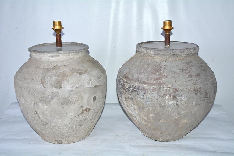 Large Antique Terracotta Jar Lamp with Shade, Sold Singly at 1stDibs