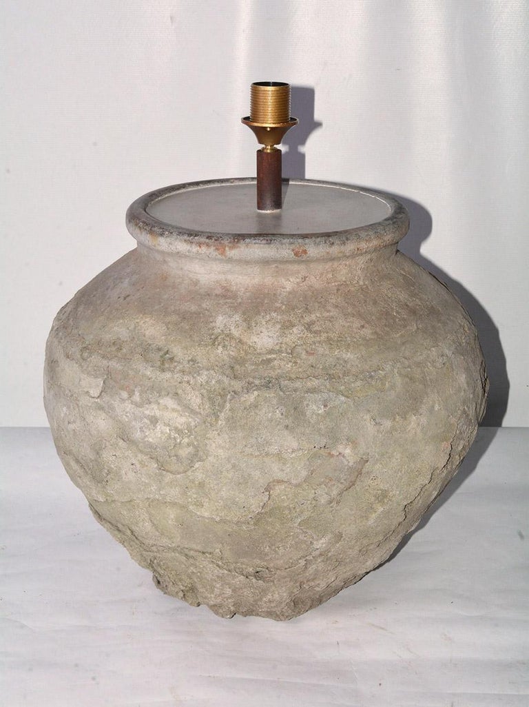 Large Antique Terracotta Jar Lamp with Shade, Sold Singly For Sale at