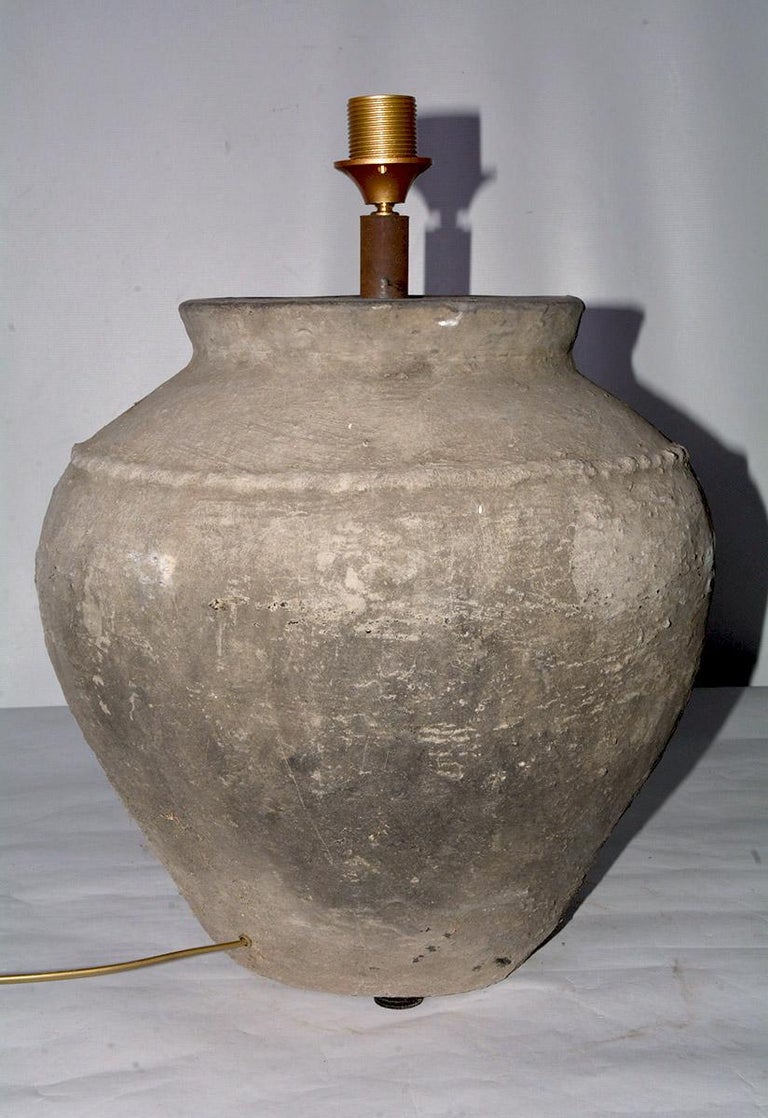 Large Antique Terracotta Jar Lamp with Shade, Sold Singly For Sale at