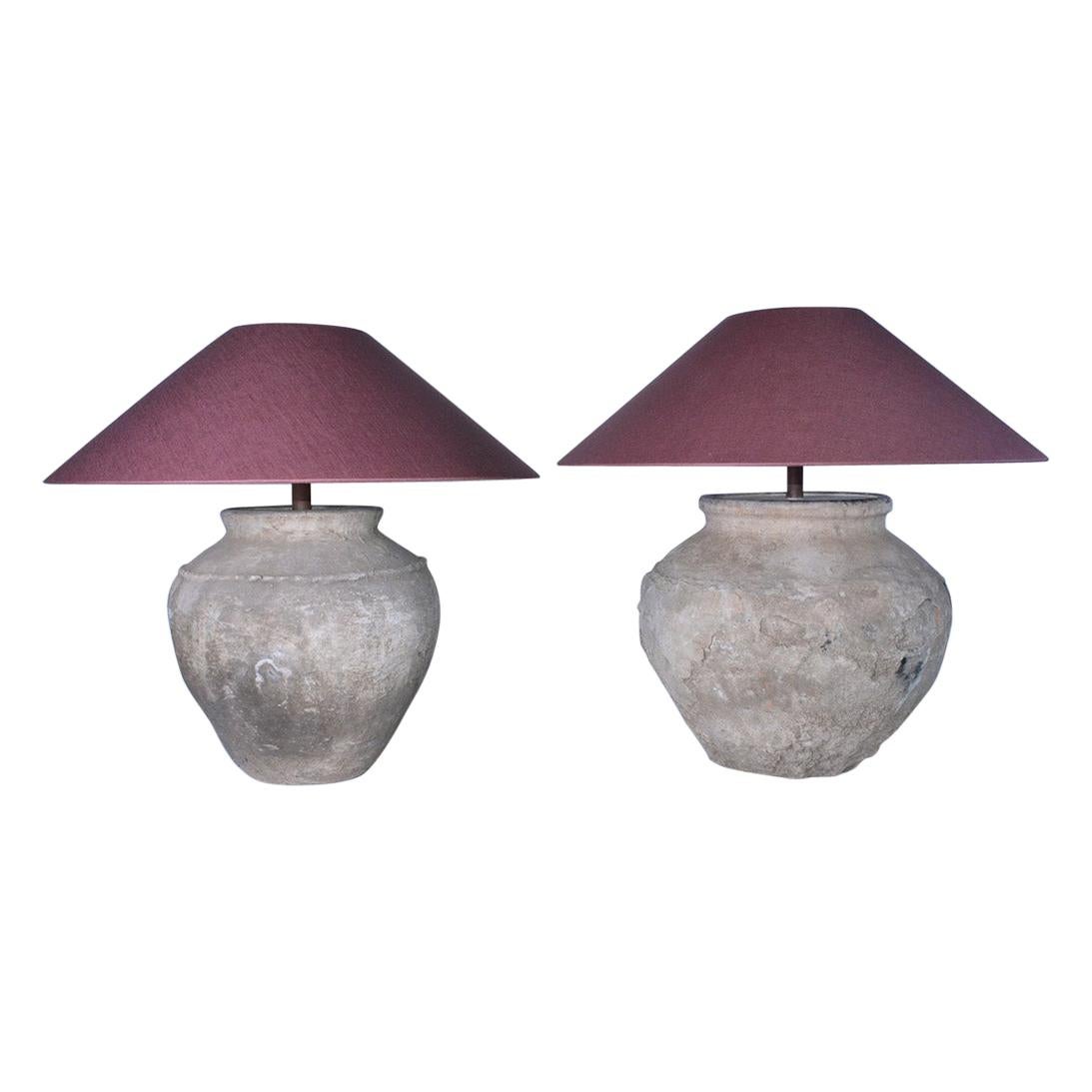 Large Antique Terracotta Jar Lamps with Shades, Sold Singly