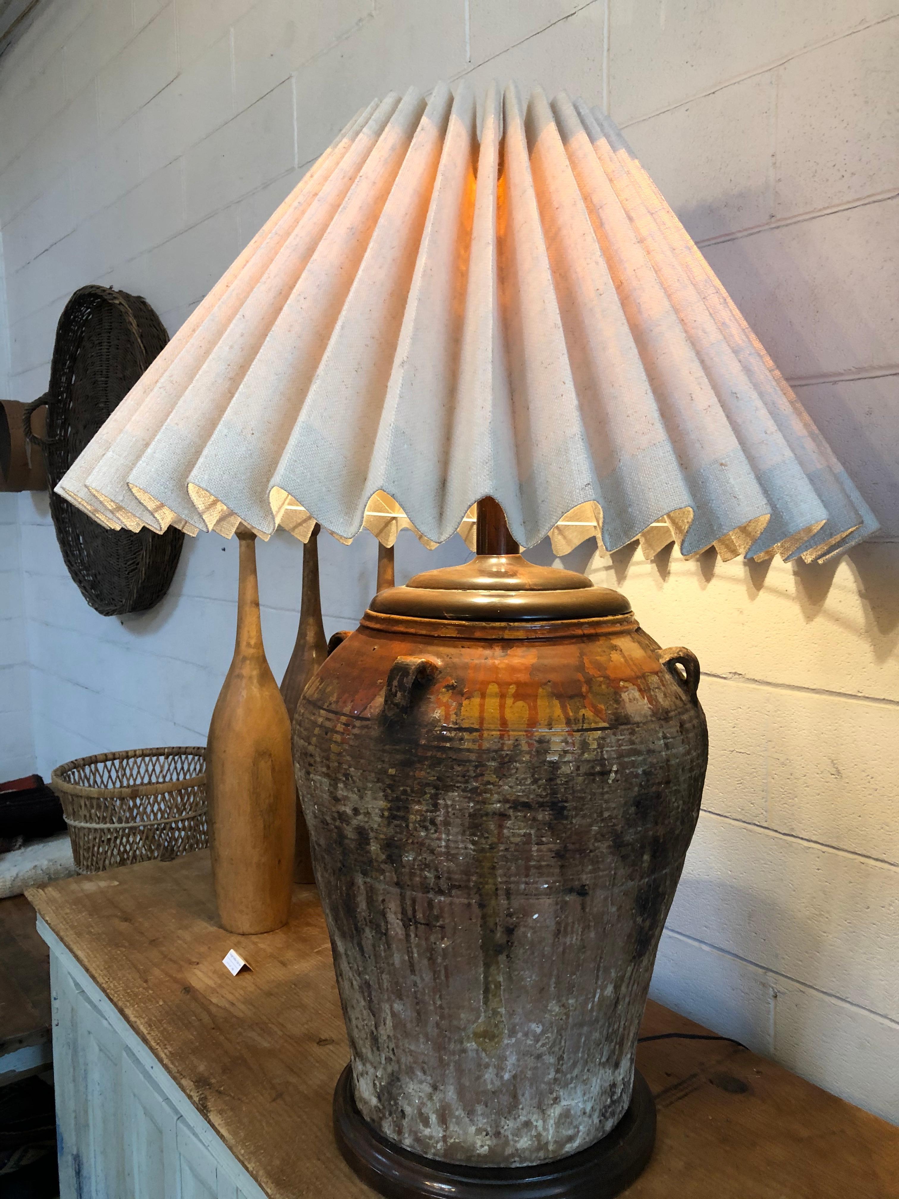European Large Antique Terracotta Oil Jug Table Lamp