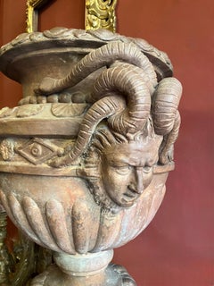 Large Antique Terracotta Vase Jardinière with Medusa Handle, Italy 17th Century