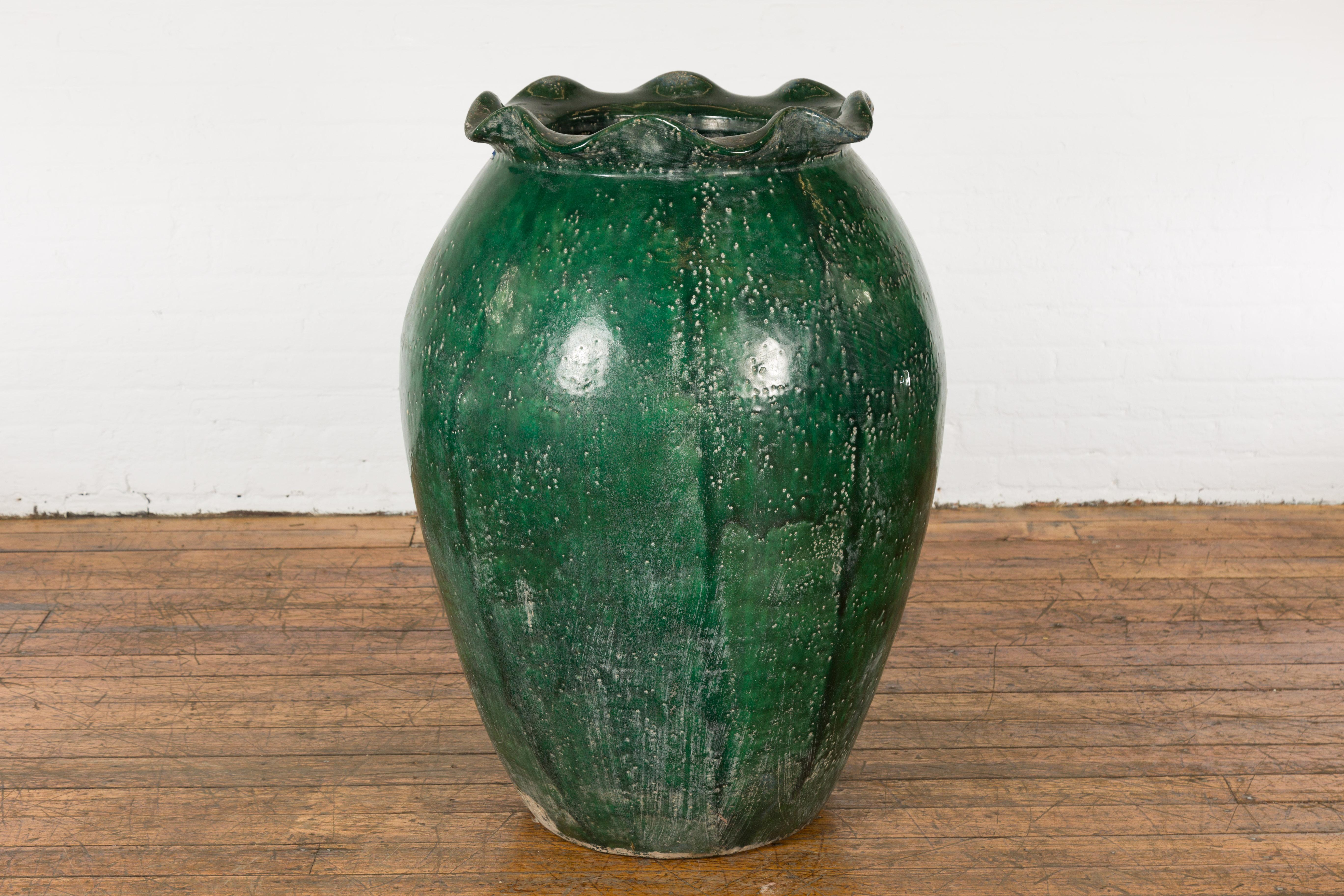 Ceramic Large Antique Thai 19th Century Green Glazed Planter with Scalloped Lip For Sale