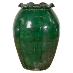 Large Antique Thai 19th Century Green Glazed Planter with Scalloped Lip