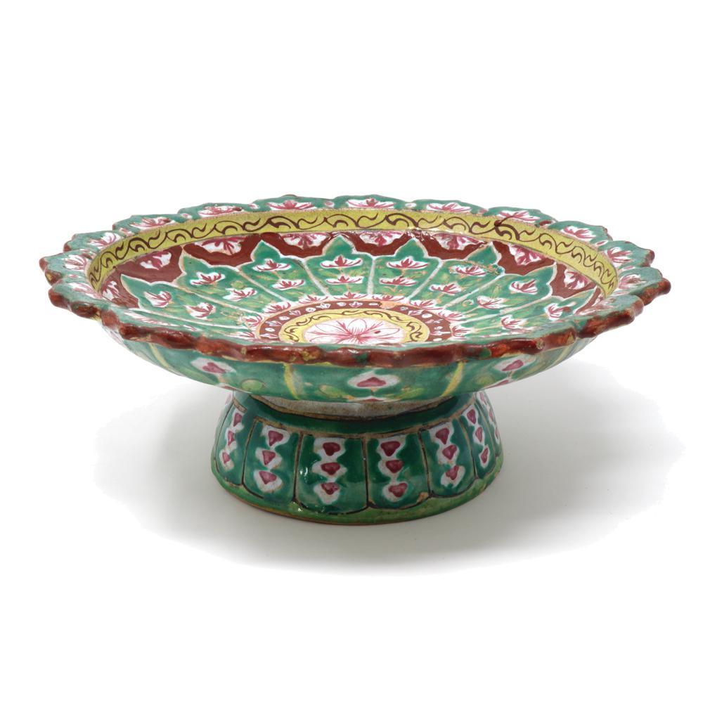Qing Large Antique Thai Bencharong Stem Plate For Sale