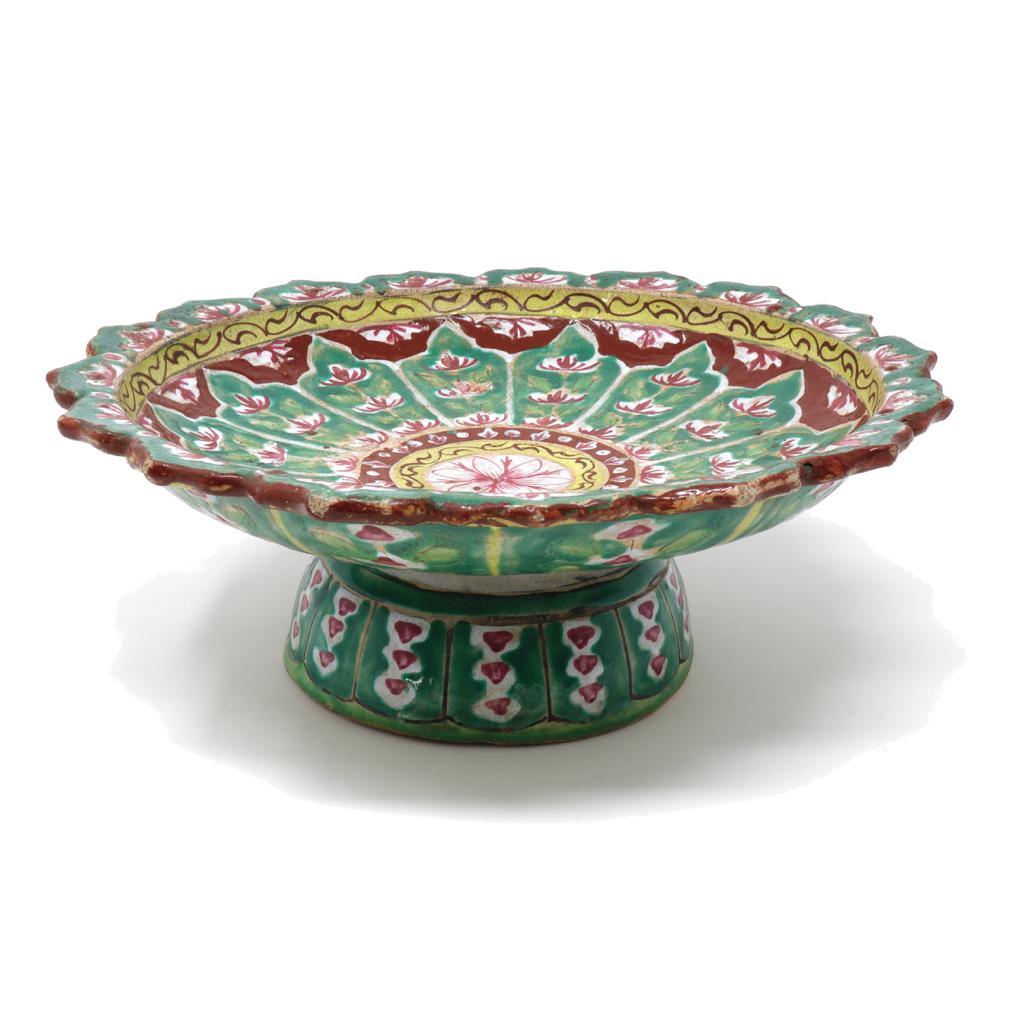 Enameled Large Antique Thai Bencharong Stem Plate For Sale