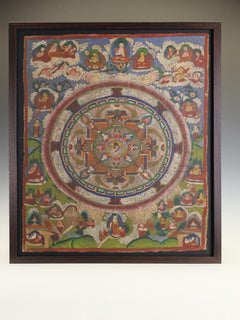 Large Antique Tibetan Buddhist Mandala Thangka Painting on Canvas, Framed
