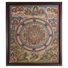 Large Antique Tibetan Buddhist Mandala Thangka Painting on Canvas, Framed