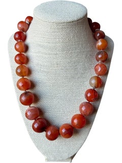 Large Antique Tibetan Himalayan Carnelian Bead Necklace, Hand-Cut Banded Agate