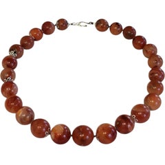Large Antique Tibetan Himalayan Carnelian Bead Necklace, Hand-Cut Banded Agate