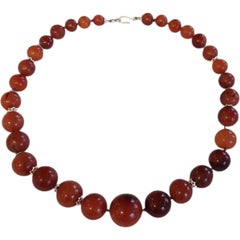 Large Antique Tibetan Himalayan Carnelian Bead Necklace, Hand-Cut Banded Agate