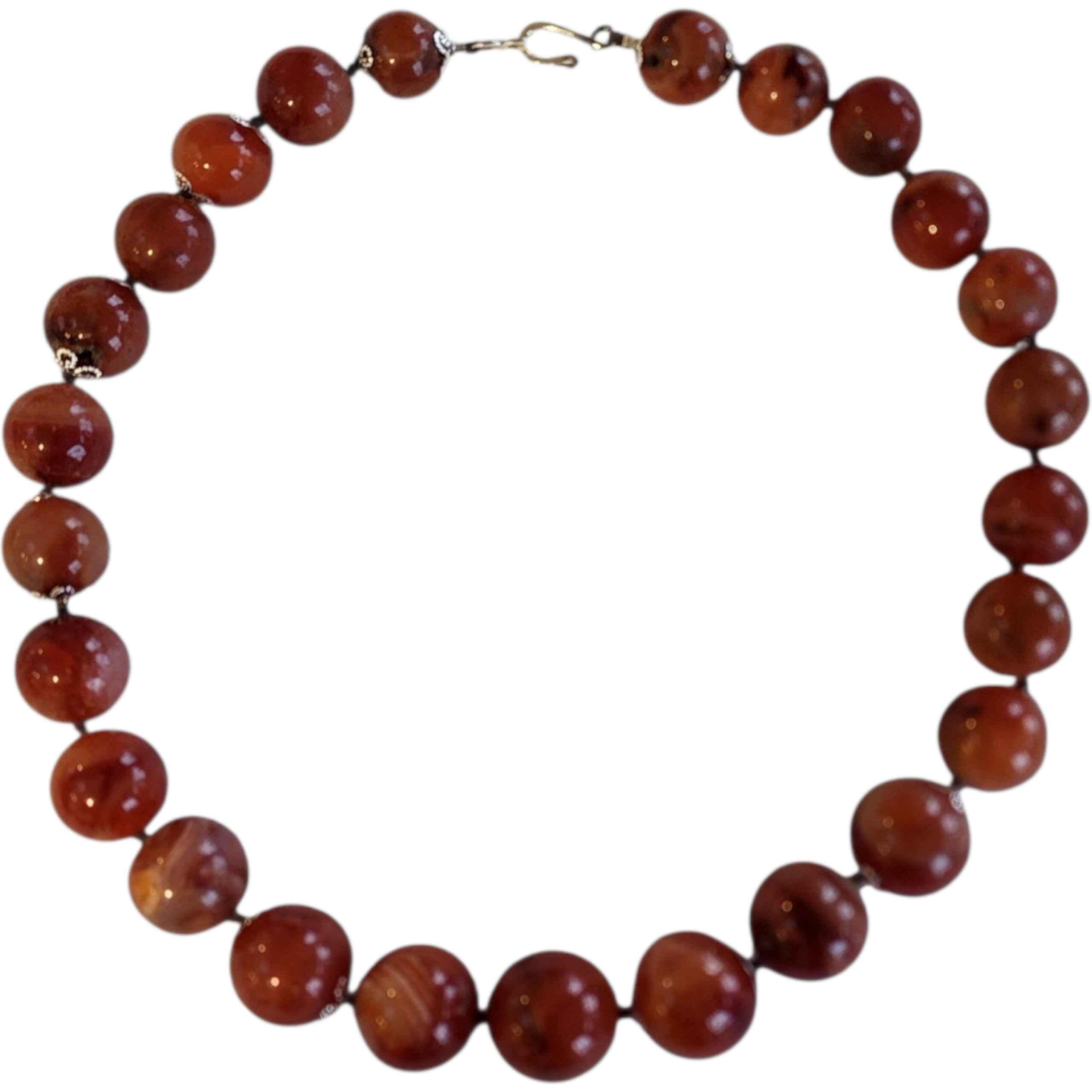 Large Antique Tibetan Himalayan Carnelian Bead Necklace, Hand-Cut Banded Agate