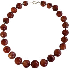 Large Antique Tibetan Himalayan Carnelian Bead Necklace, Hand-Cut Banded Agate