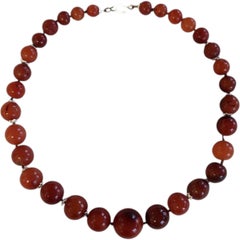 Large Antique Tibetan Himalayan Carnelian Bead Necklace, Hand-Cut Banded Agate