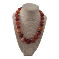 Large Antique Tibetan Himalayan Carnelian Bead Necklace, Hand-Cut Banded