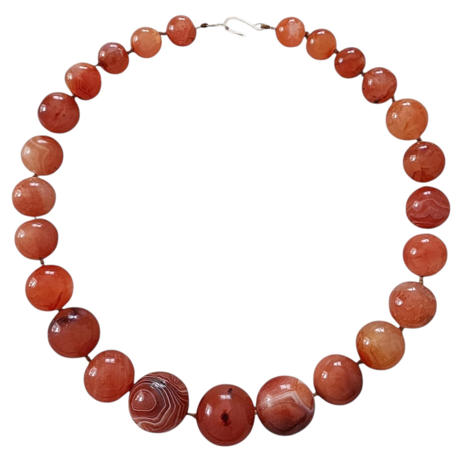 Large Antique Tibetan Himalayan Carnelian Bead Necklace, Hand-Cut Banded