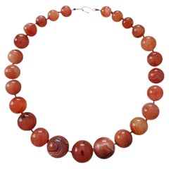 Large Antique Tibetan Himalayan Carnelian Bead Necklace, Hand-Cut Banded