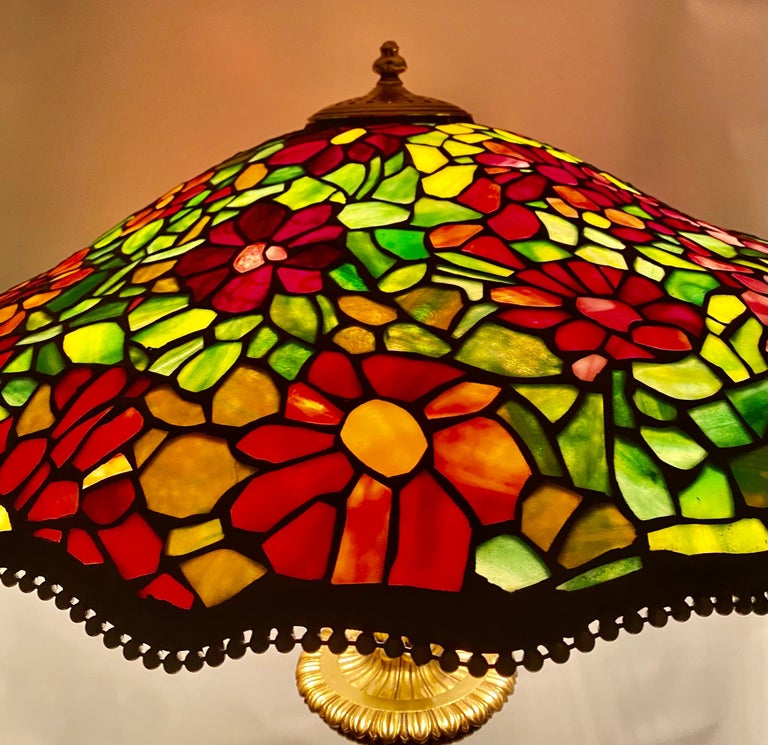 Art Nouveau Large Antique Tiffany Style Table Lamp, French Bronze Superb Glass Shade For Sale
