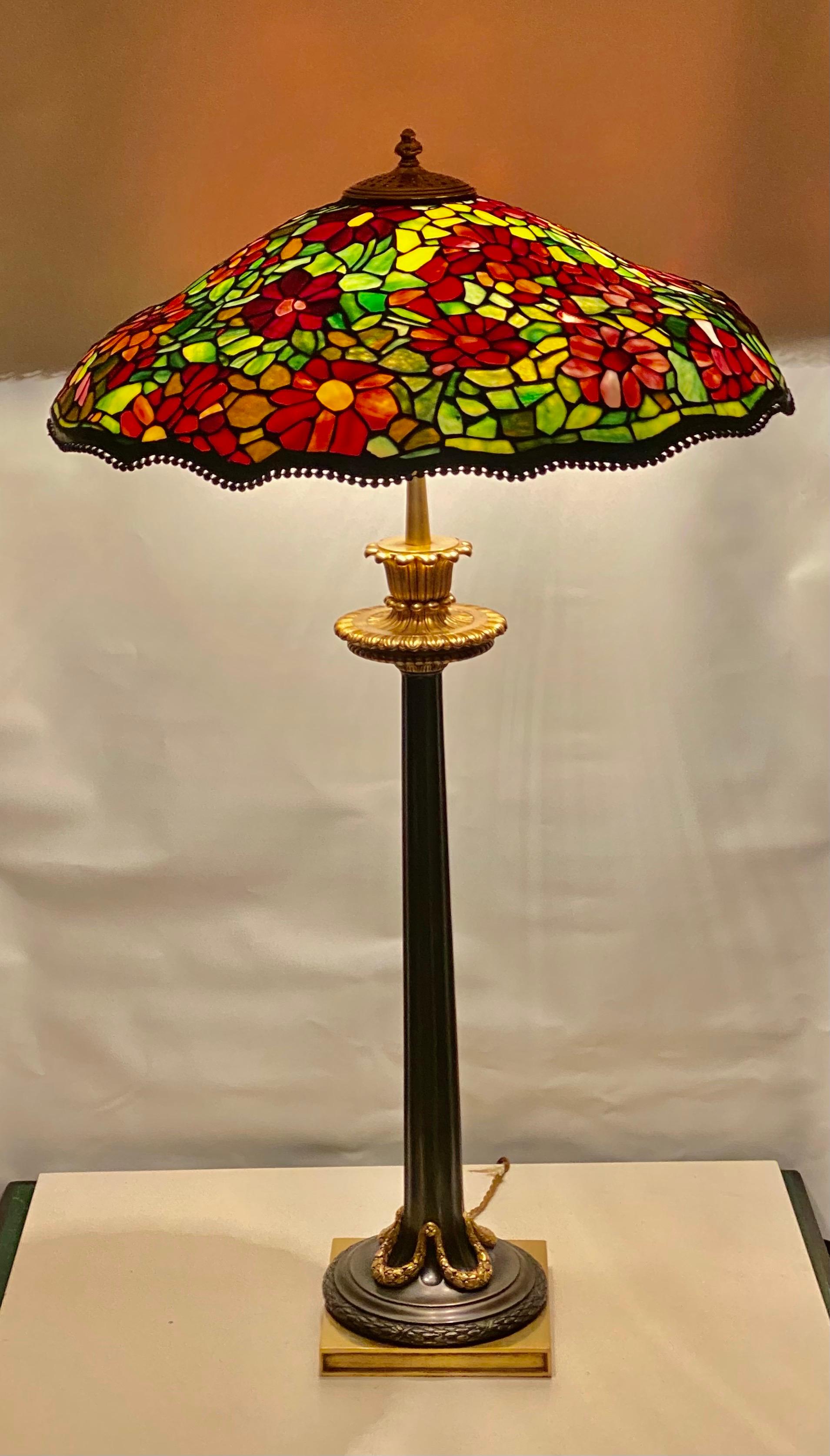Large Antique Tiffany Style Table Lamp, French Bronze Superb Glass Shade In Good Condition In London, GB