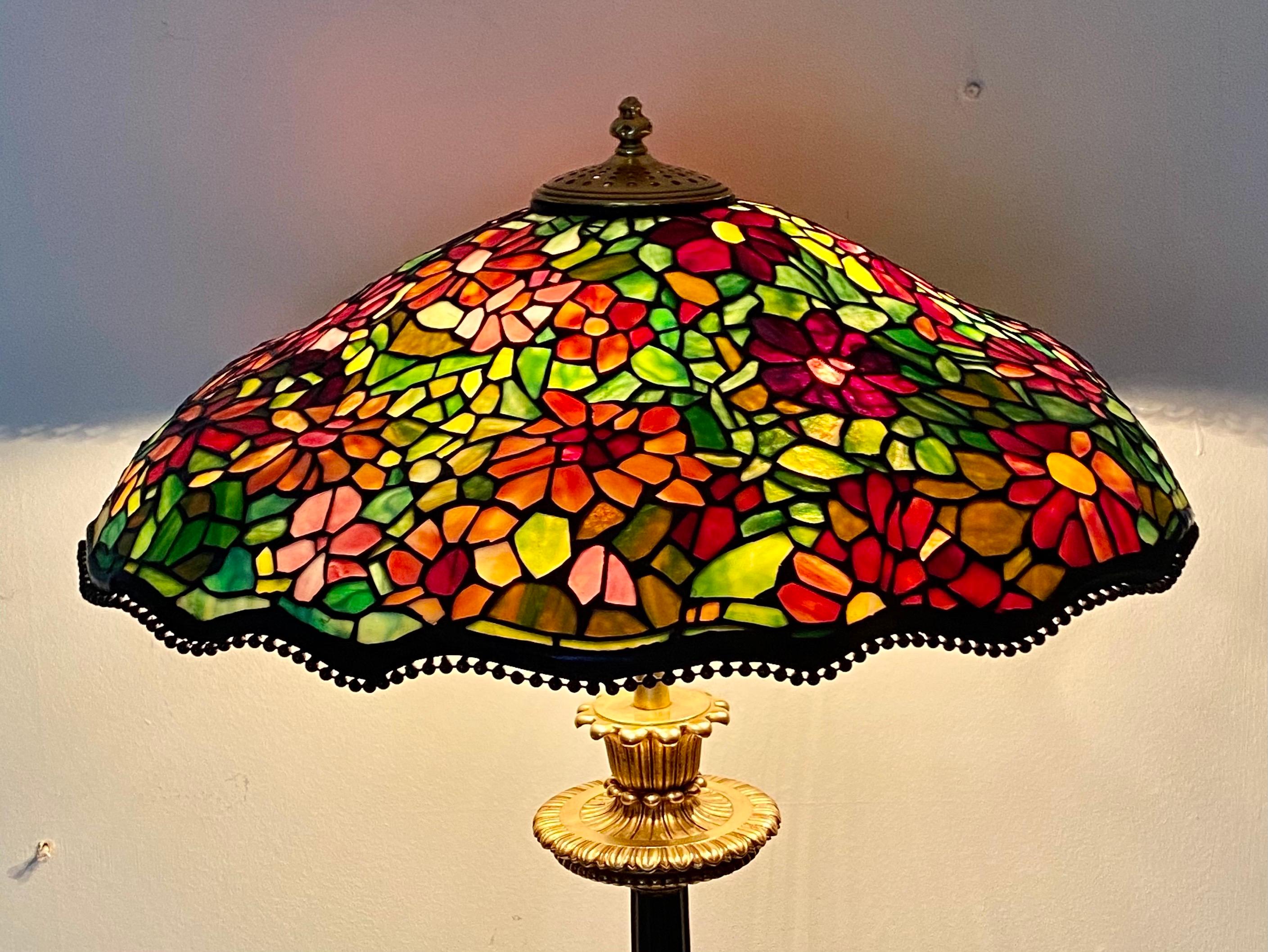 Early 20th Century Large Antique Tiffany Style Table Lamp, French Bronze Superb Glass Shade