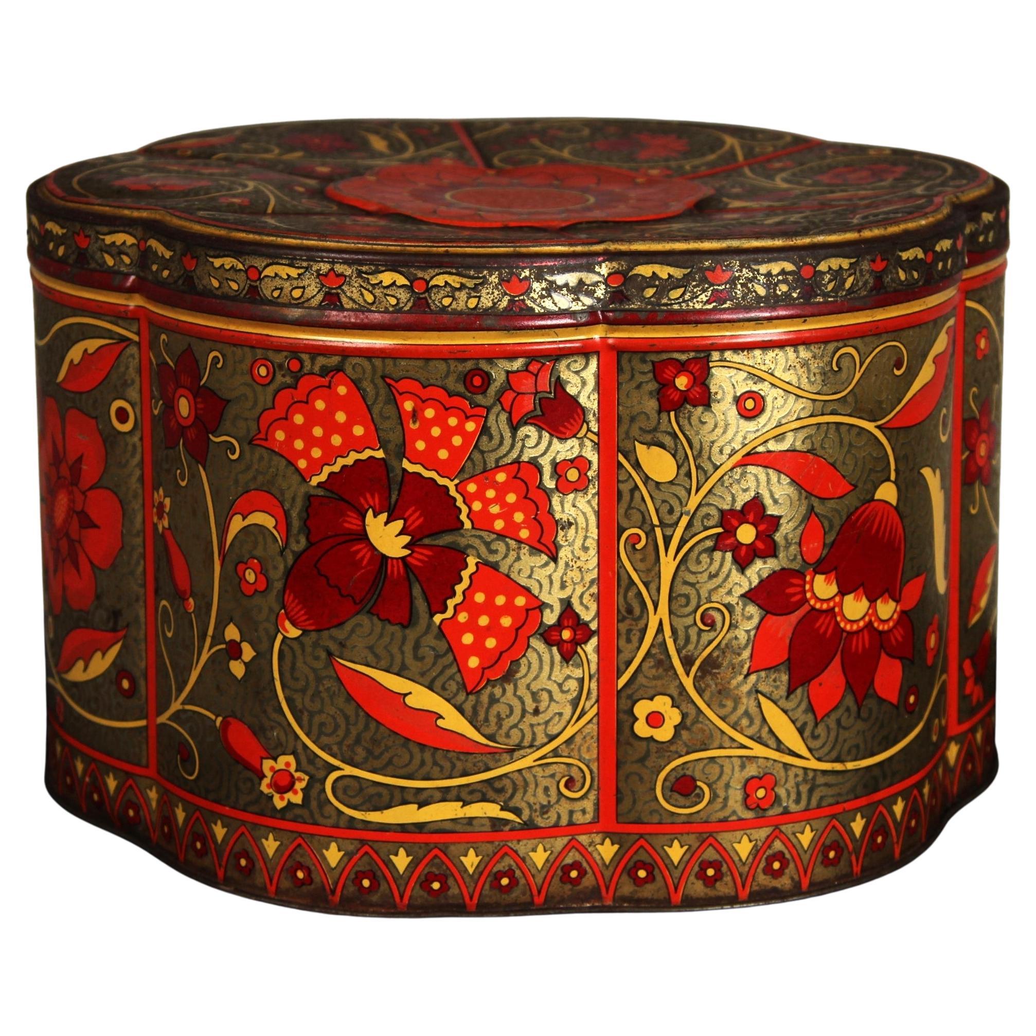 Gran caja de hojalata antigua, caja de hojalata para galletas con decoración de flores, Francia