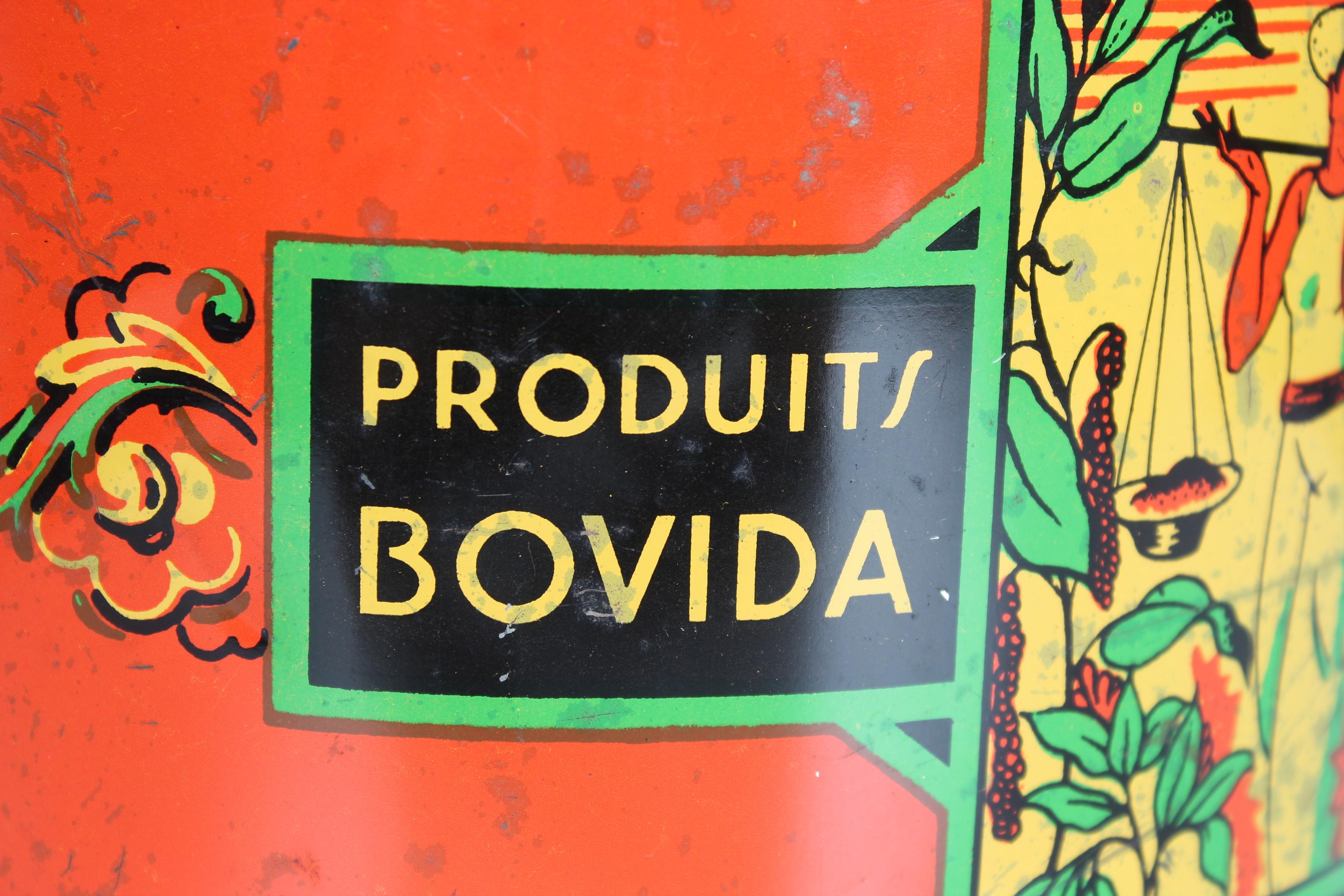 French Large Antique Tin Can, Art Deco, 1930s, France, Produits Bovida, Coffee Tin Can