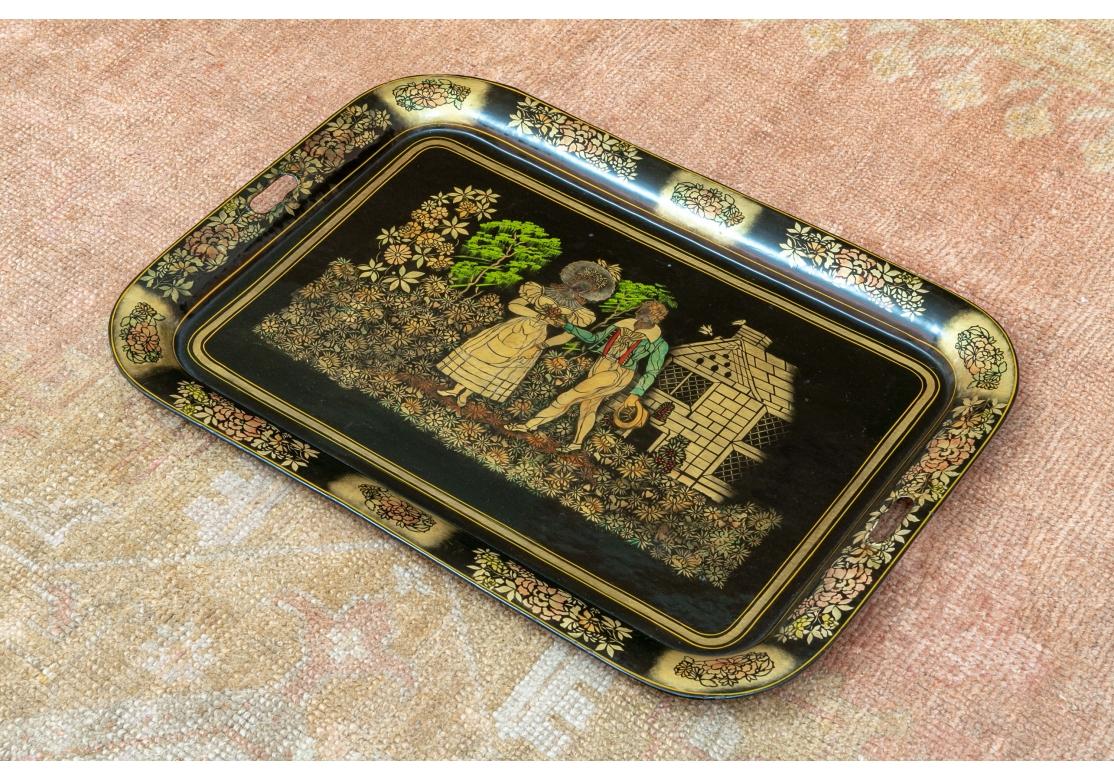 19th Century Large Antique Tole Handled Tray with Courting Couple For Sale