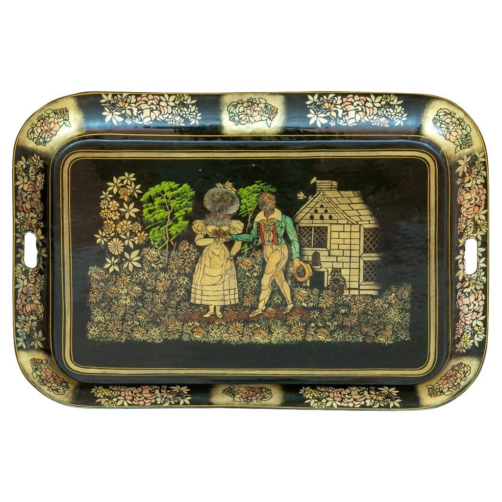 Large Antique Tole Handled Tray with Courting Couple For Sale