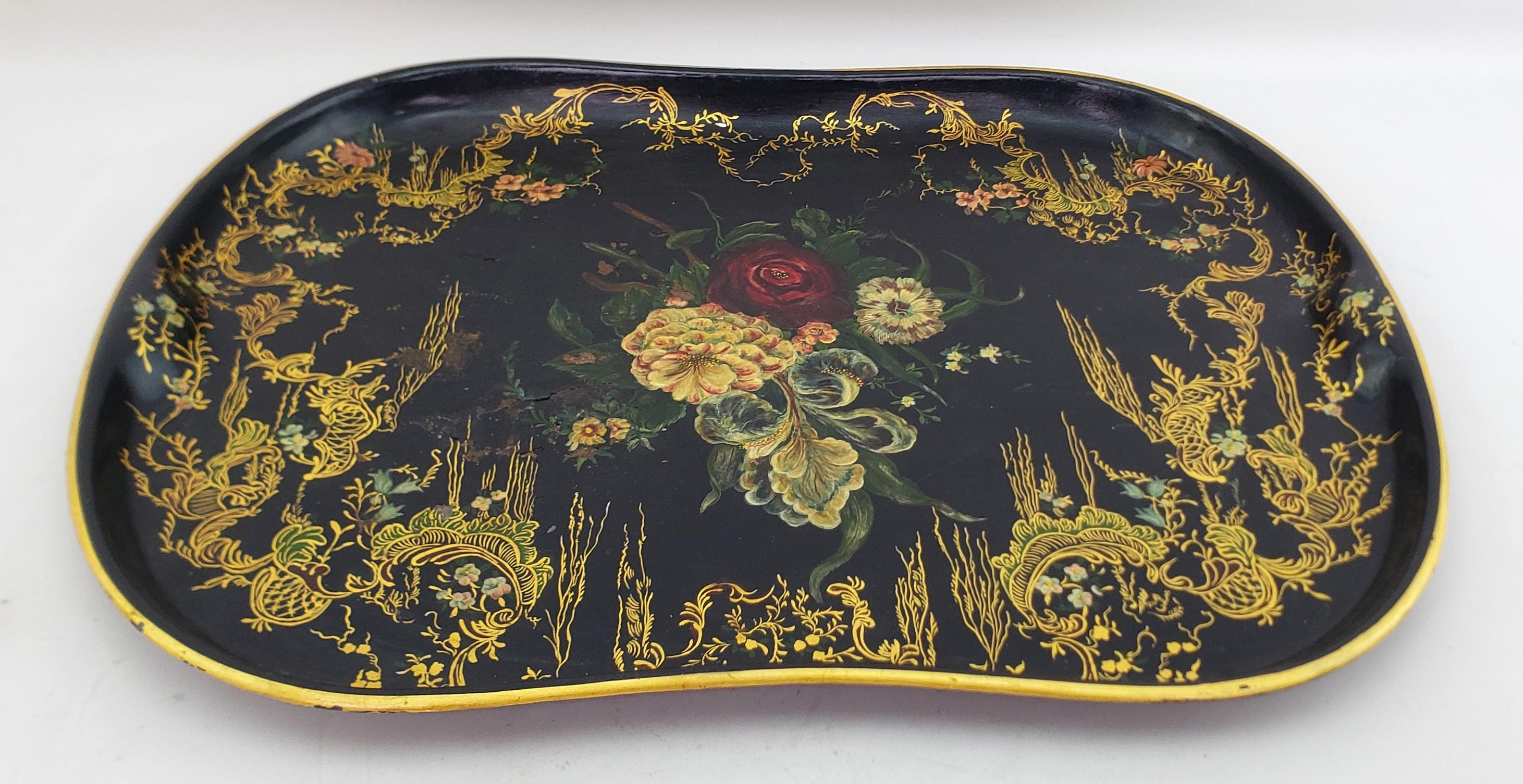 Late Victorian Large Antique Toleware Serving Tray with Floral Decoration & Gilt Accents For Sale