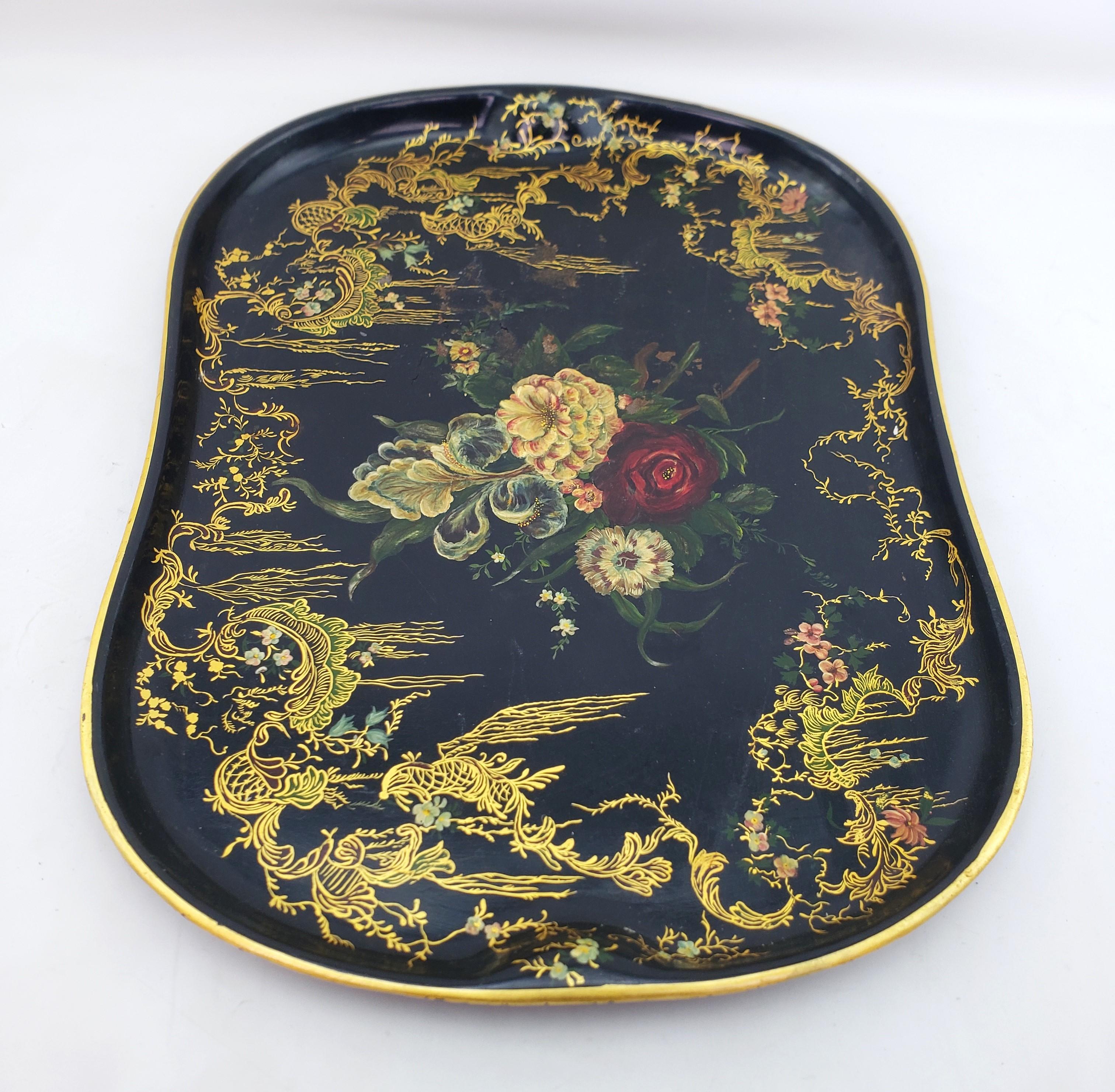 English Large Antique Toleware Serving Tray with Floral Decoration & Gilt Accents For Sale