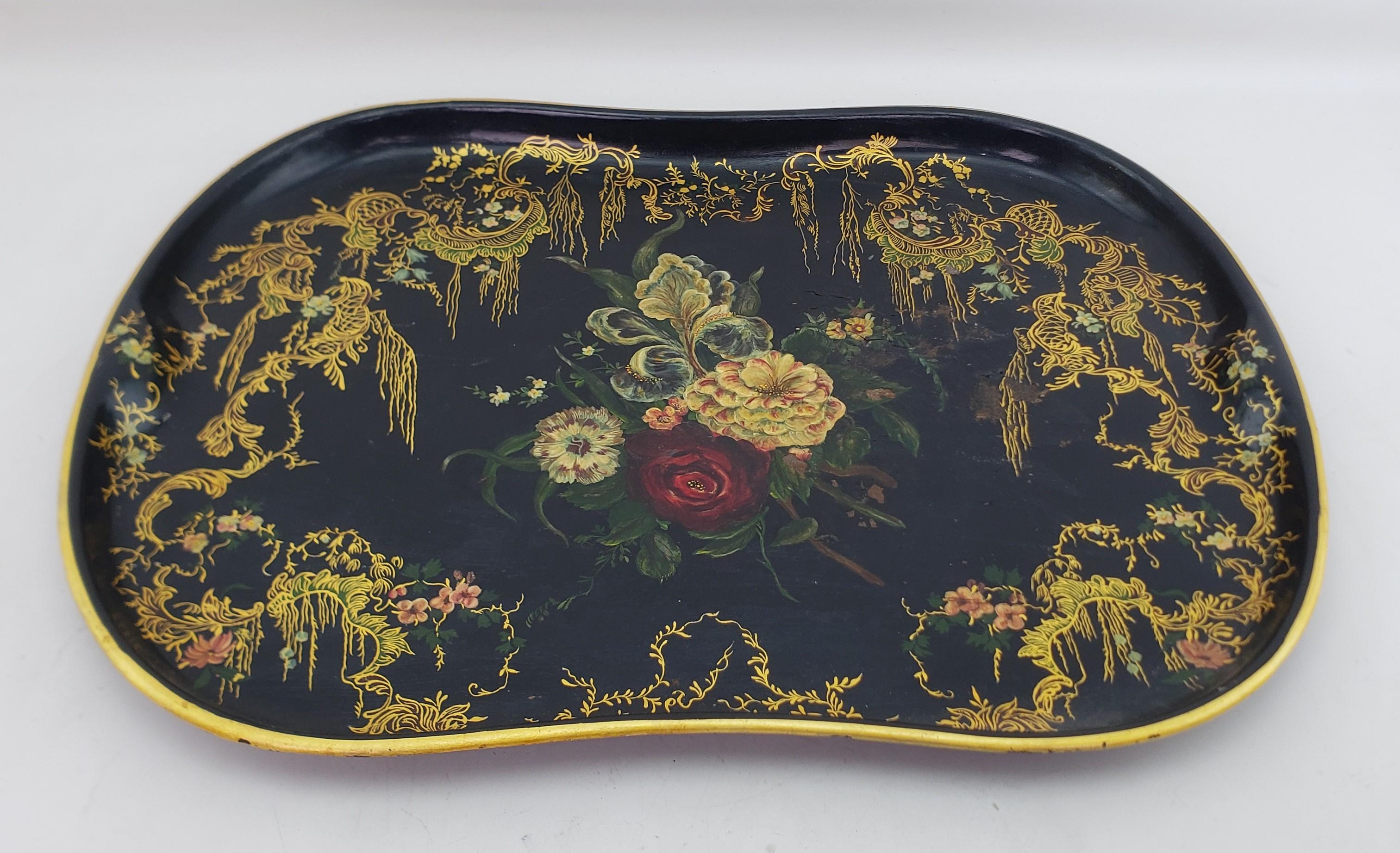 Machine-Made Large Antique Toleware Serving Tray with Floral Decoration & Gilt Accents For Sale