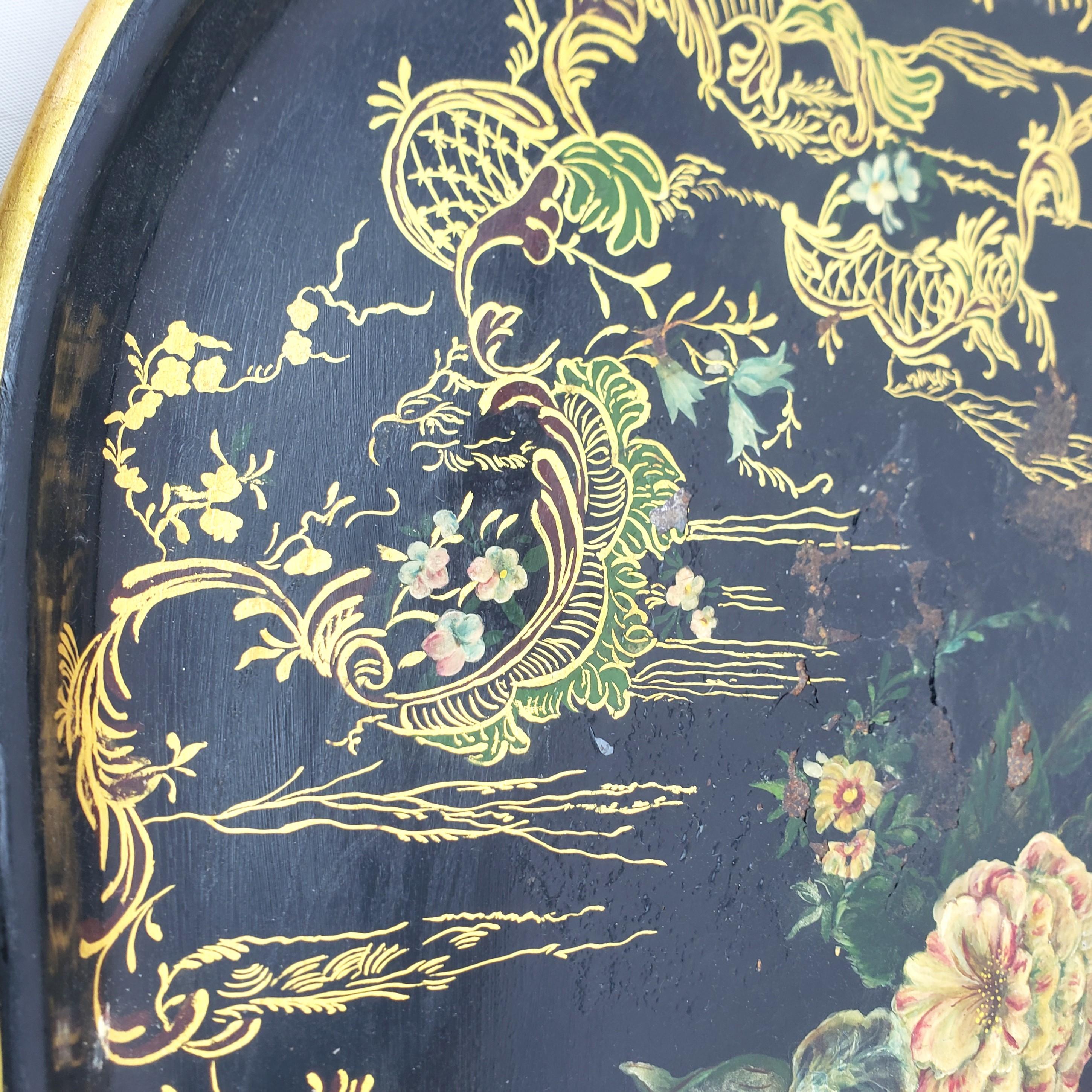 19th Century Large Antique Toleware Serving Tray with Floral Decoration & Gilt Accents For Sale