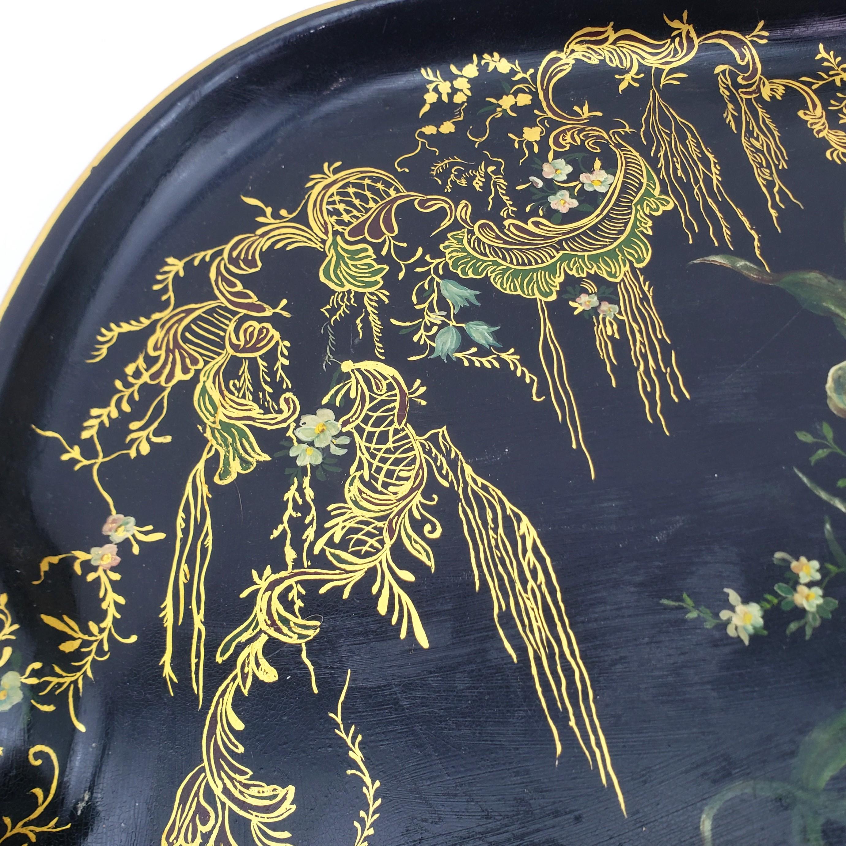 Steel Large Antique Toleware Serving Tray with Floral Decoration & Gilt Accents For Sale
