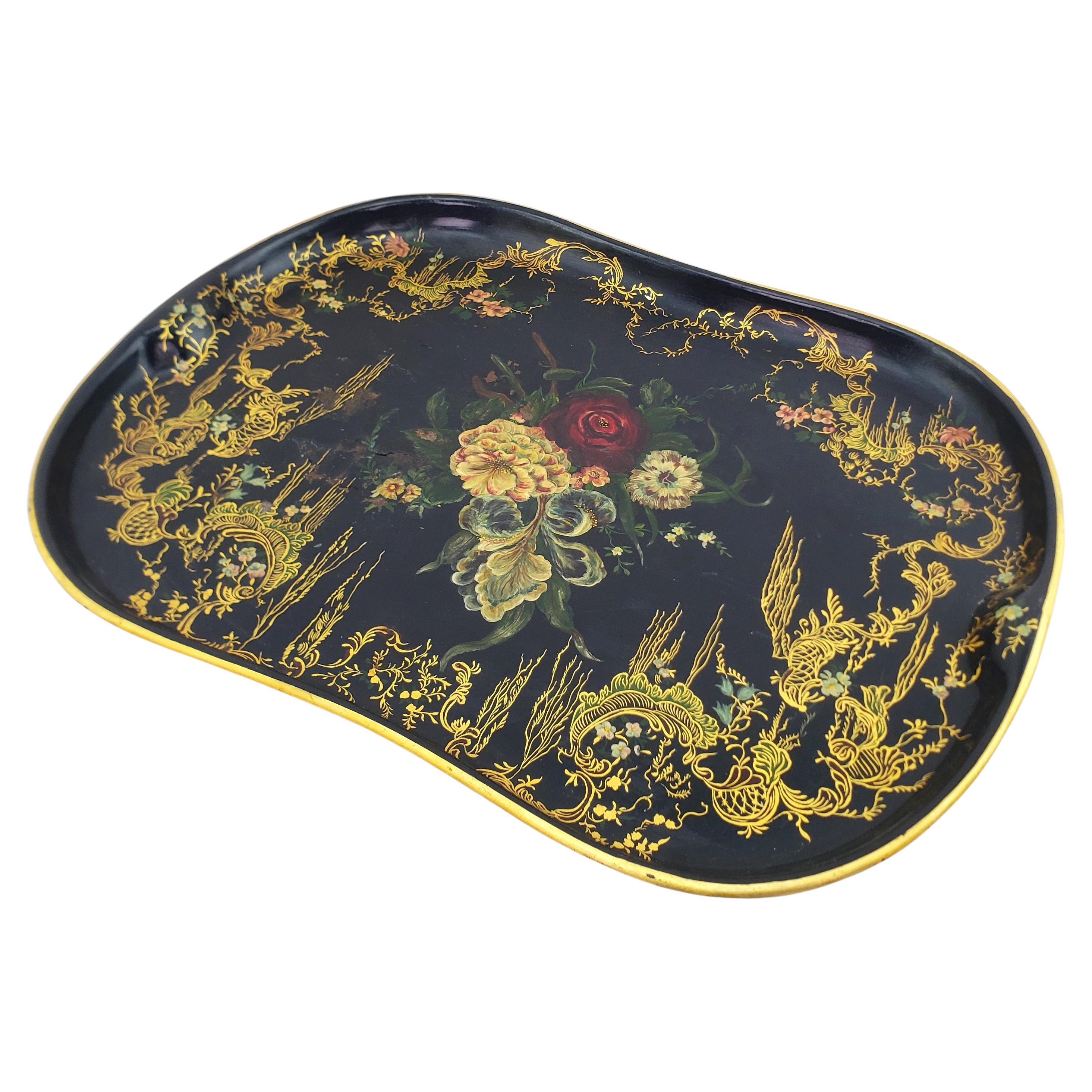 Large Antique Toleware Serving Tray with Floral Decoration & Gilt Accents For Sale