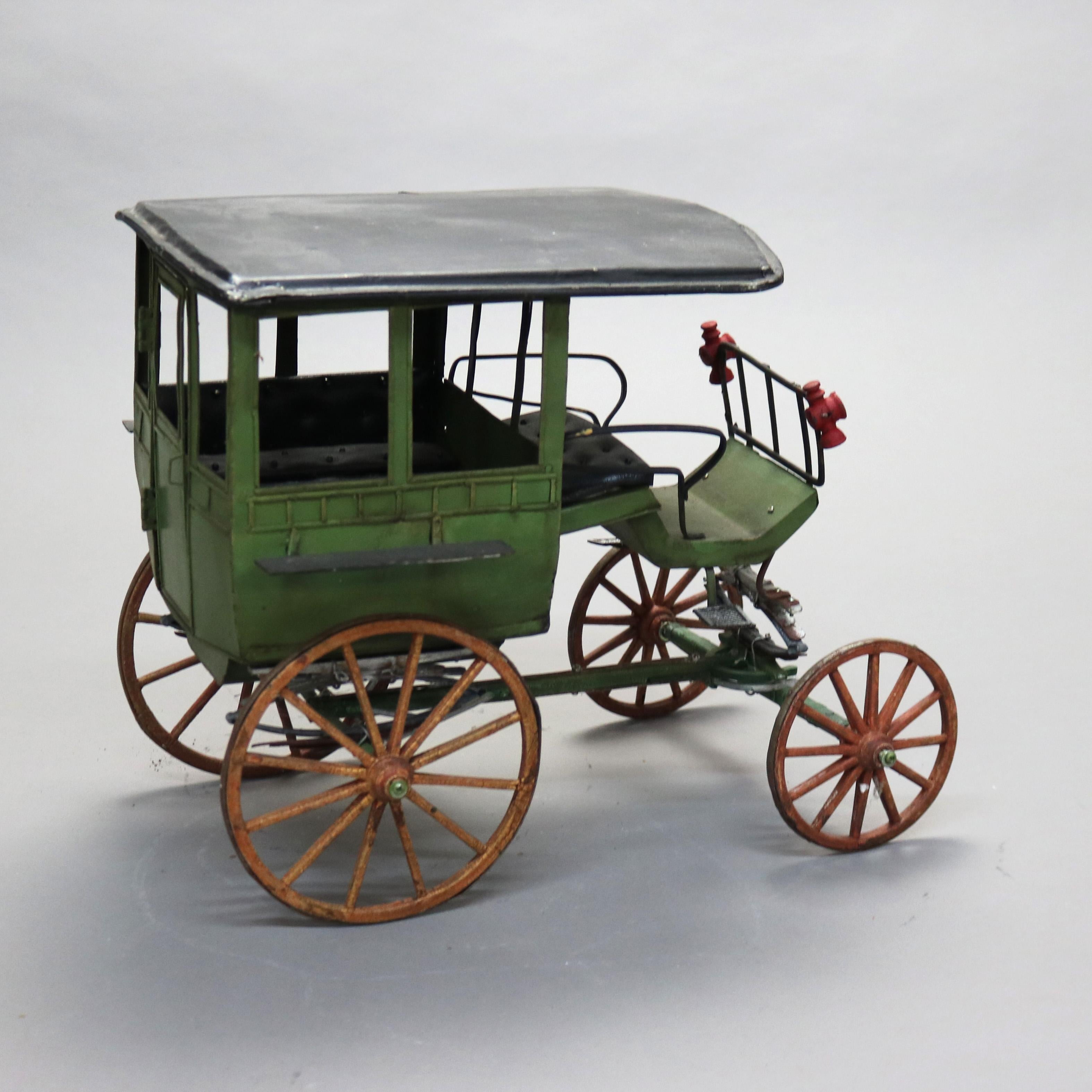 Large Antique Toy Polychrome Tin & Wood Model Horse Drawn Carriage C1930 For Sale 6