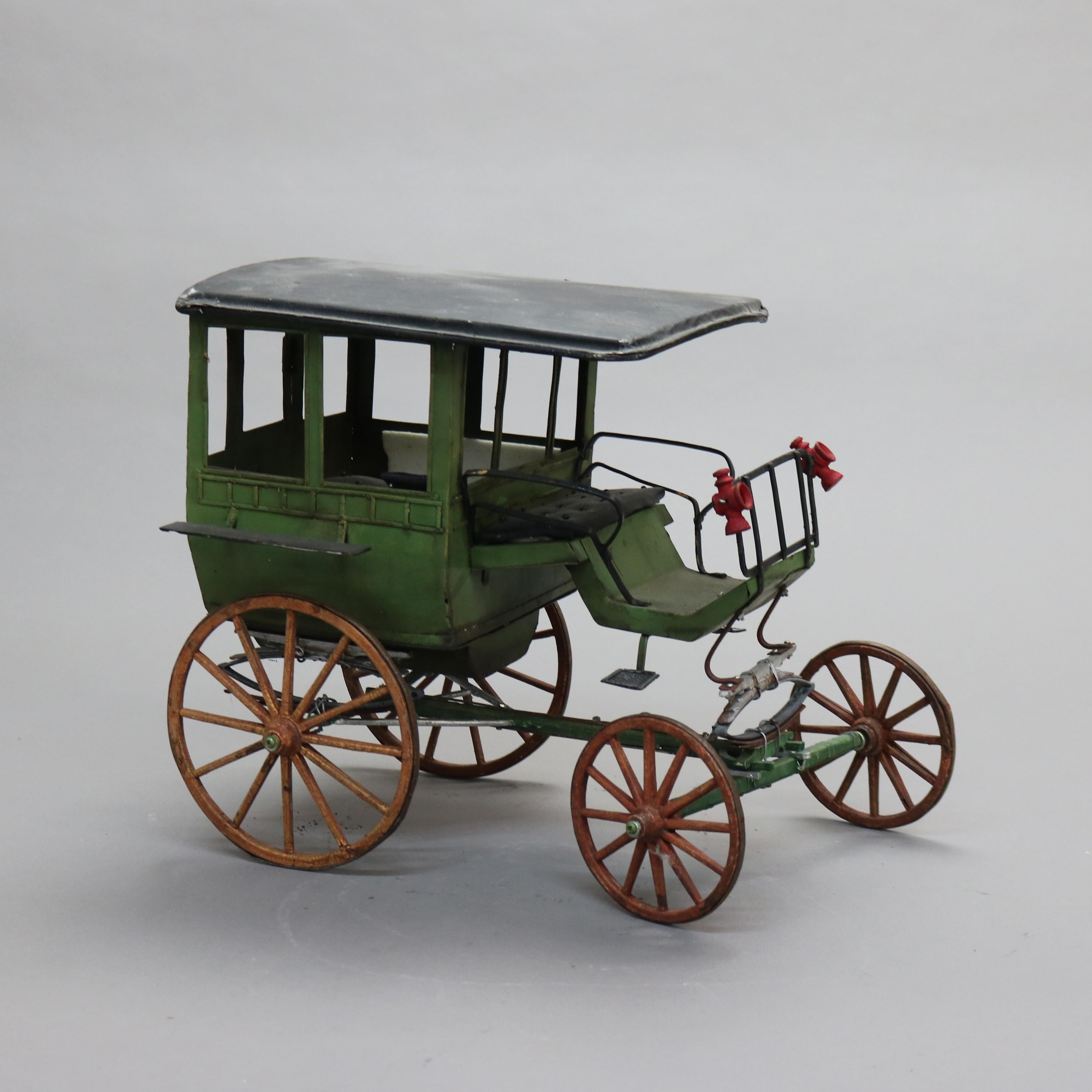 Large Antique Toy Polychrome Tin & Wood Model Horse Drawn Carriage C1930 In Good Condition For Sale In Big Flats, NY
