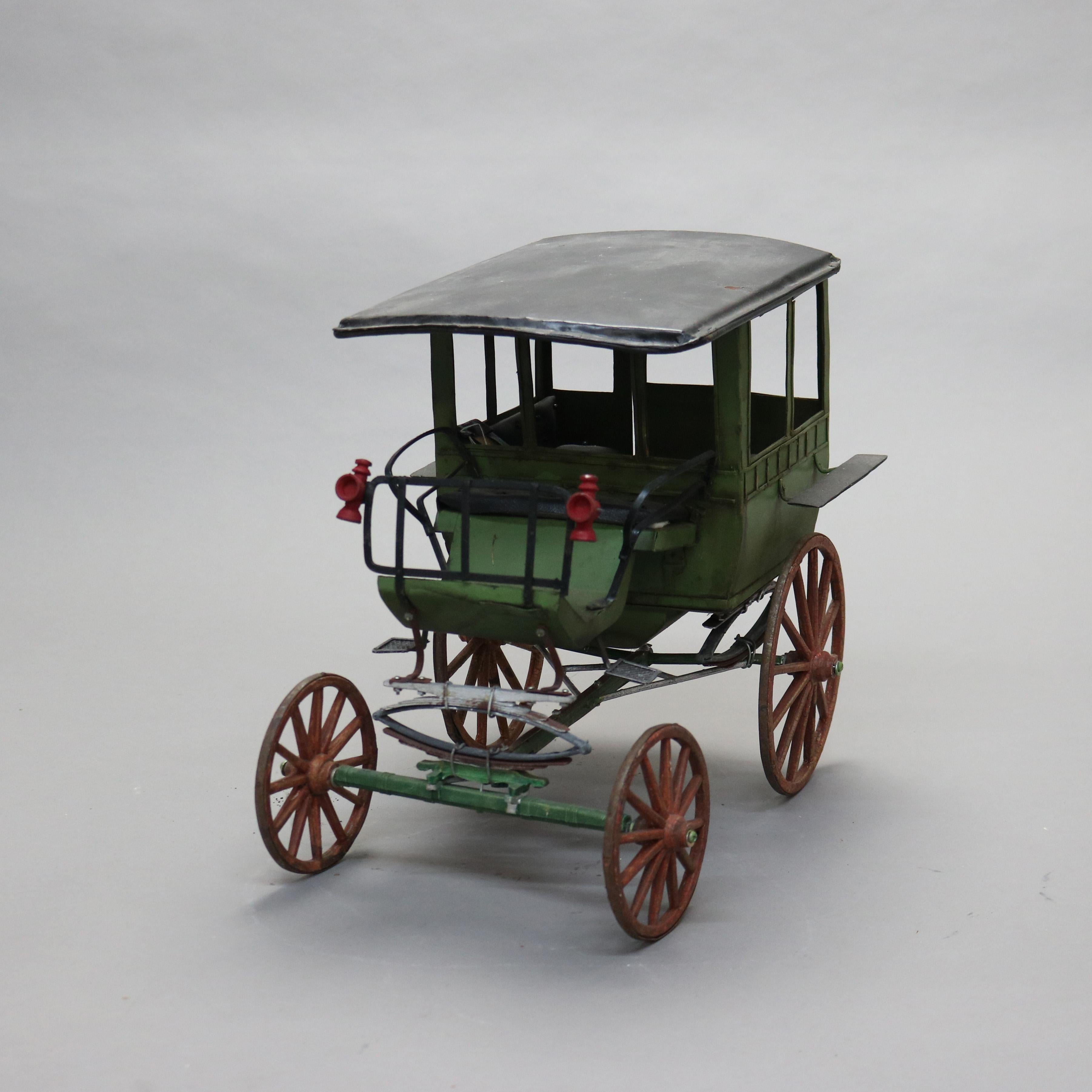 20th Century Large Antique Toy Polychrome Tin & Wood Model Horse Drawn Carriage C1930 For Sale