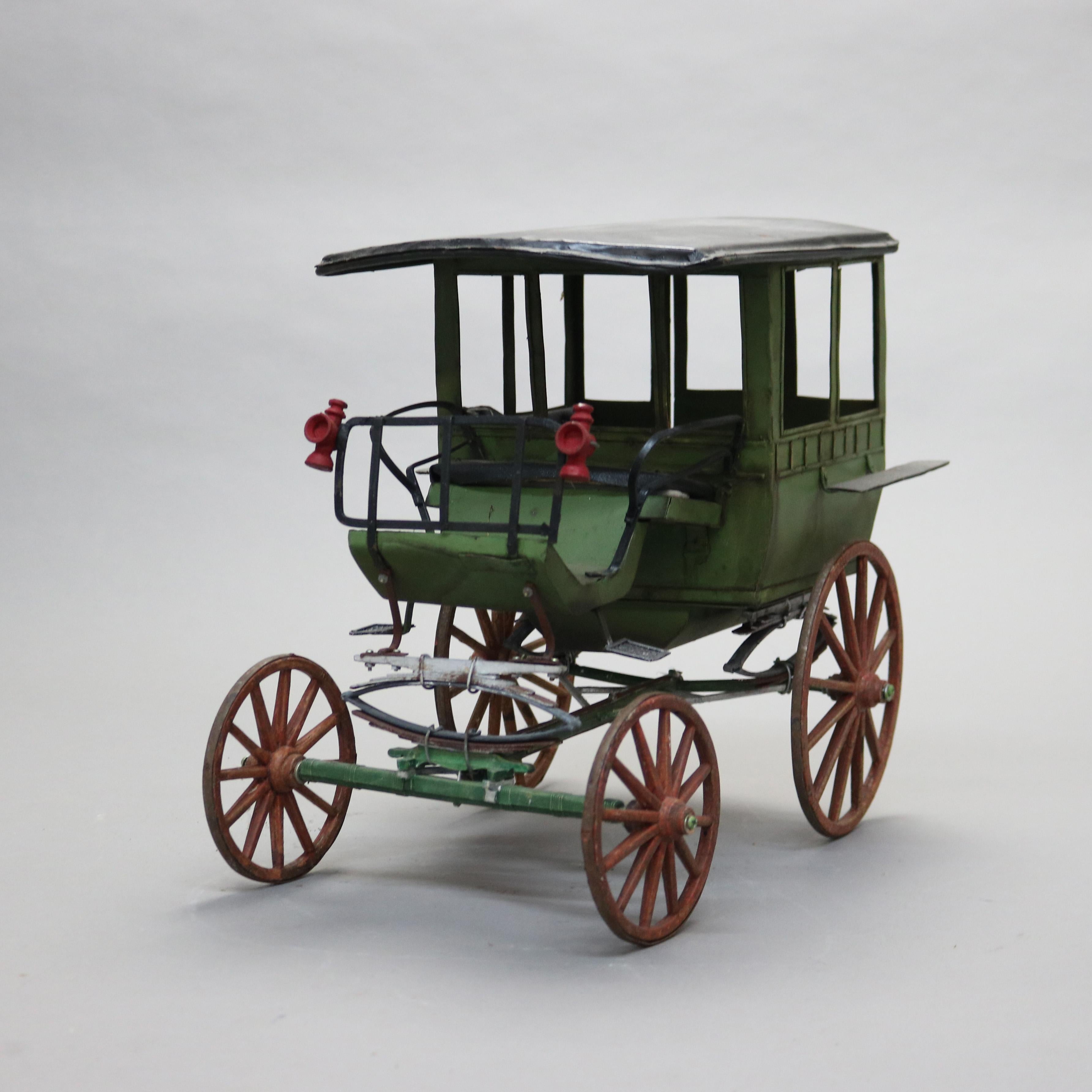 Large Antique Toy Polychrome Tin & Wood Model Horse Drawn Carriage C1930 For Sale 1
