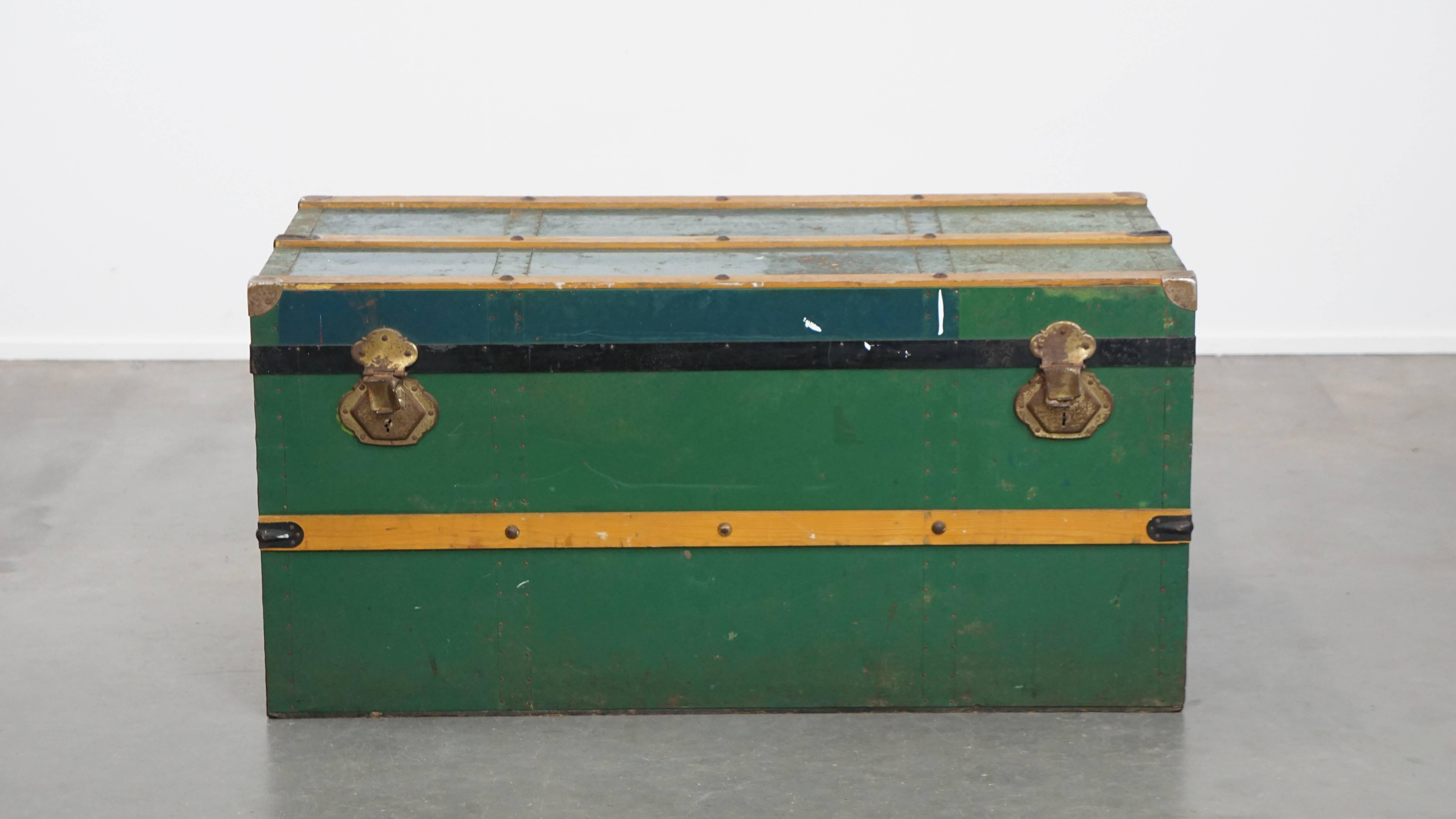 Classical Roman Large Antique Travel Trunk / Coffee Table from the Early 1900s with Handles For Sale