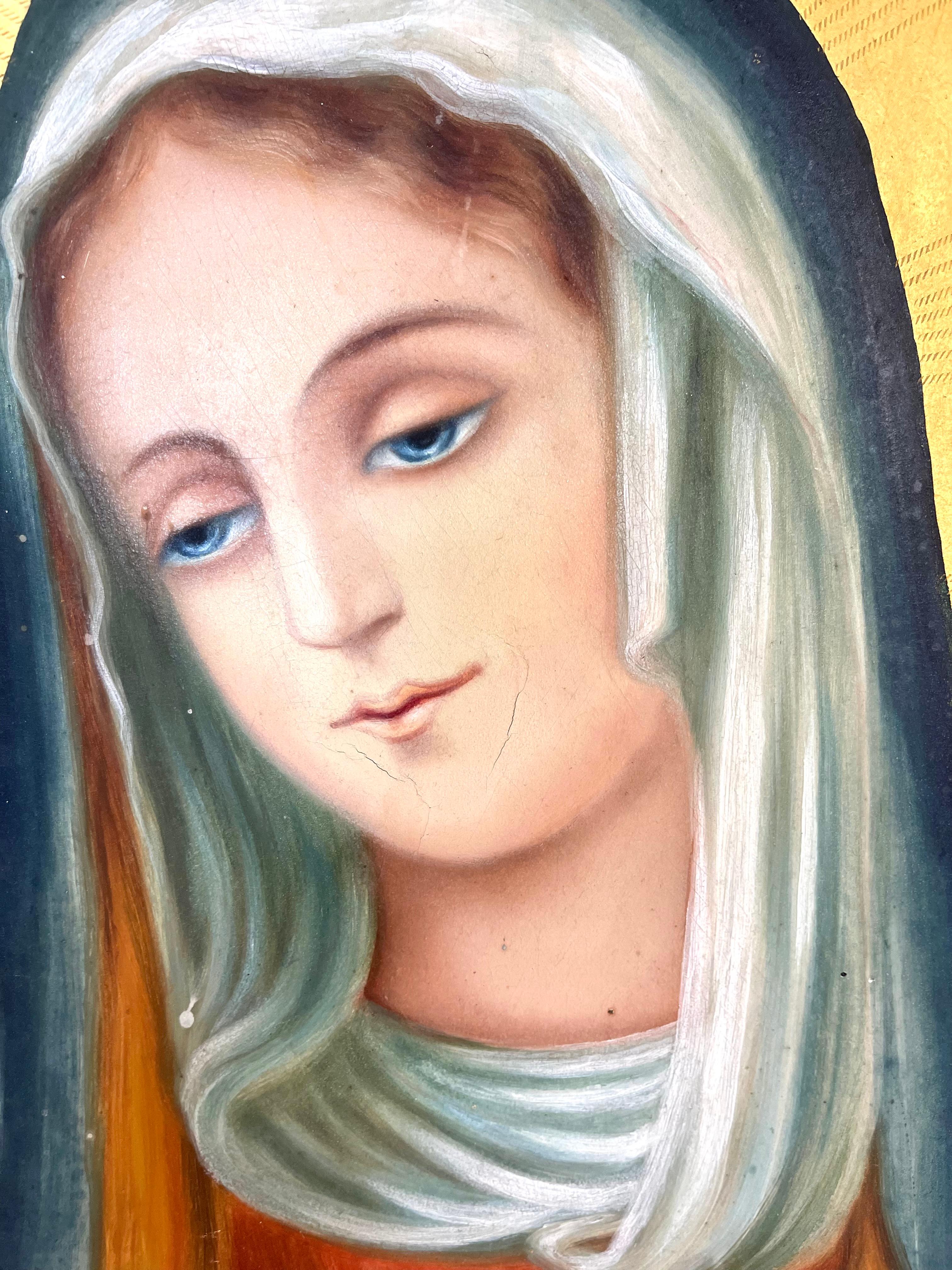 French Large antique triptych of the Holy Virgin 42'', 19th century For Sale