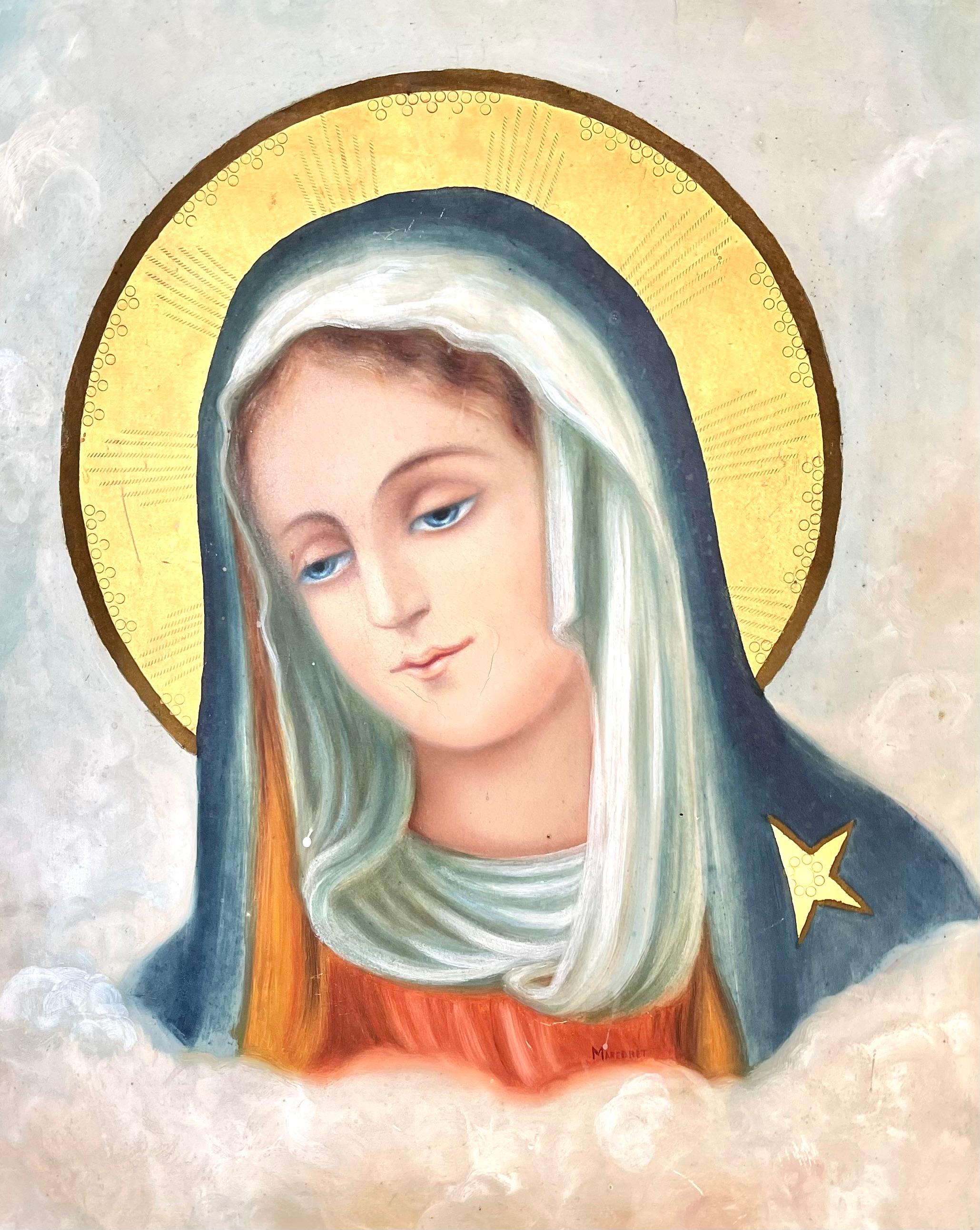 Large antique triptych of the Holy Virgin 42'', 19th century In Excellent Condition For Sale In LA FERTÉ-SOUS-JOUARRE, FR