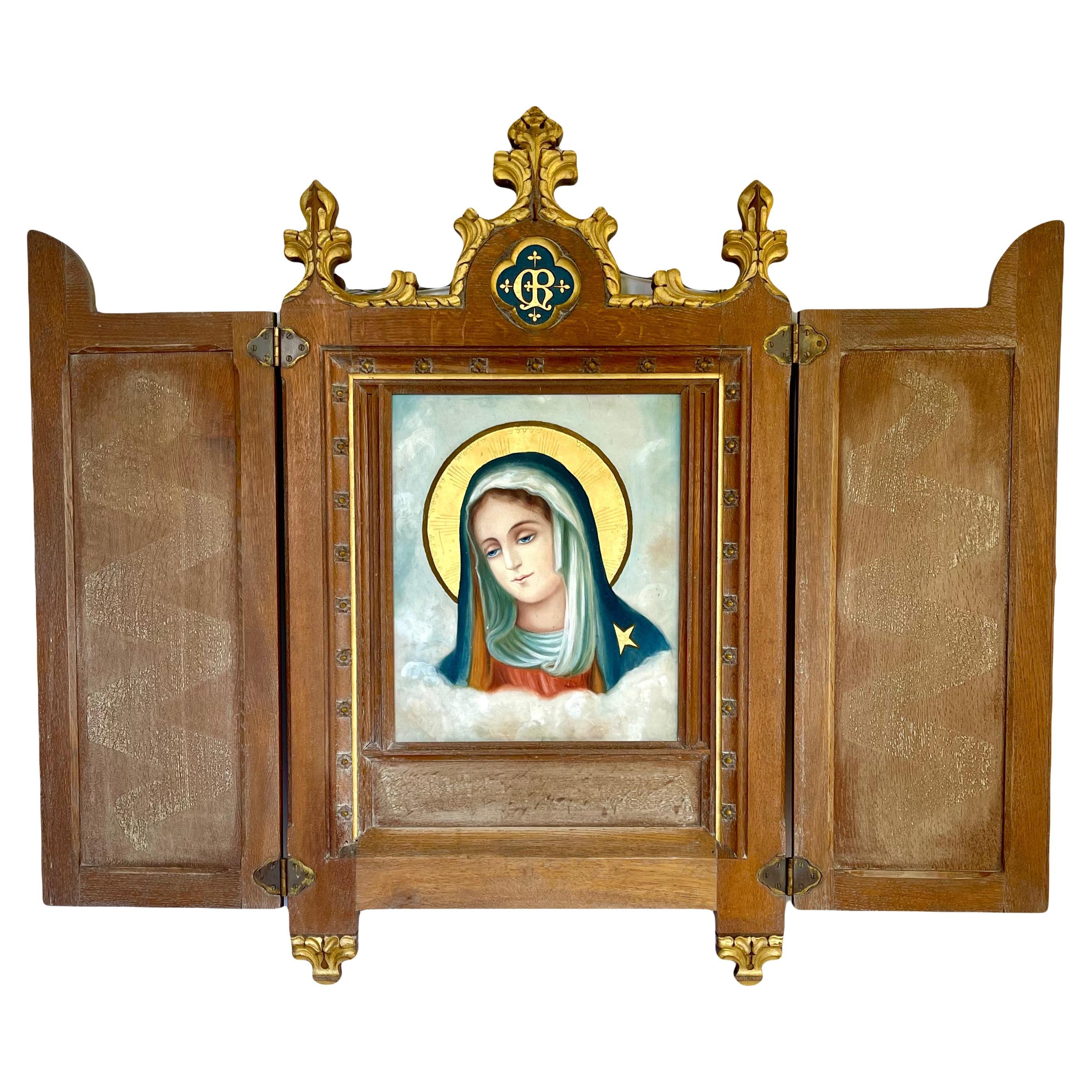 Large antique triptych of the Holy Virgin 42'', 19th century For Sale