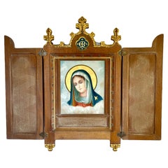 Grand triptyque ancien de la Sainte Vierge 42'', 19ème siècle