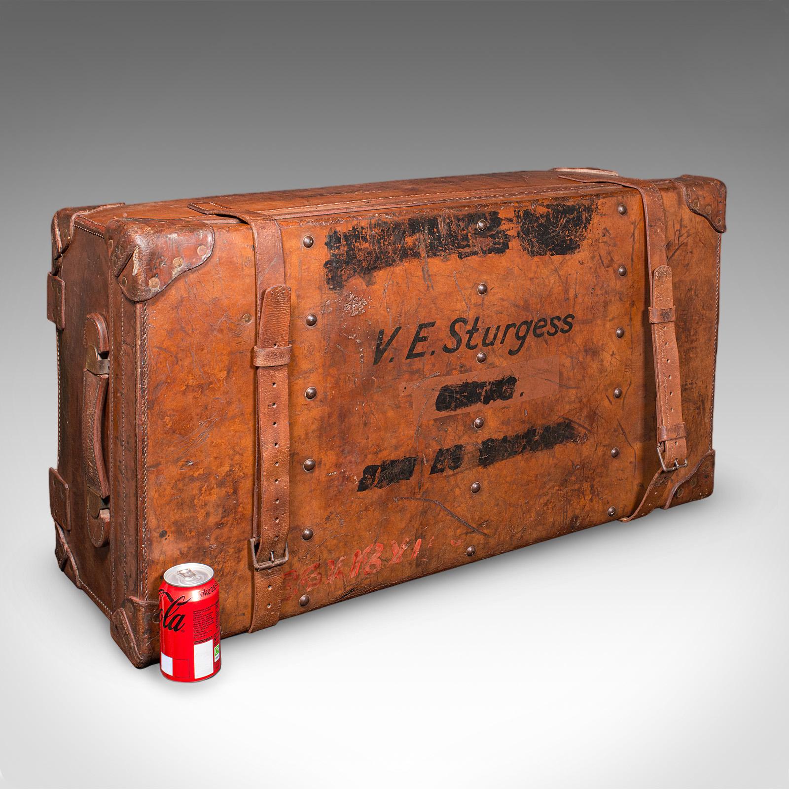 Grande bauletto antico, inglese, in pelle, valigia, espositore per negozi, edoardiano in vendita 5