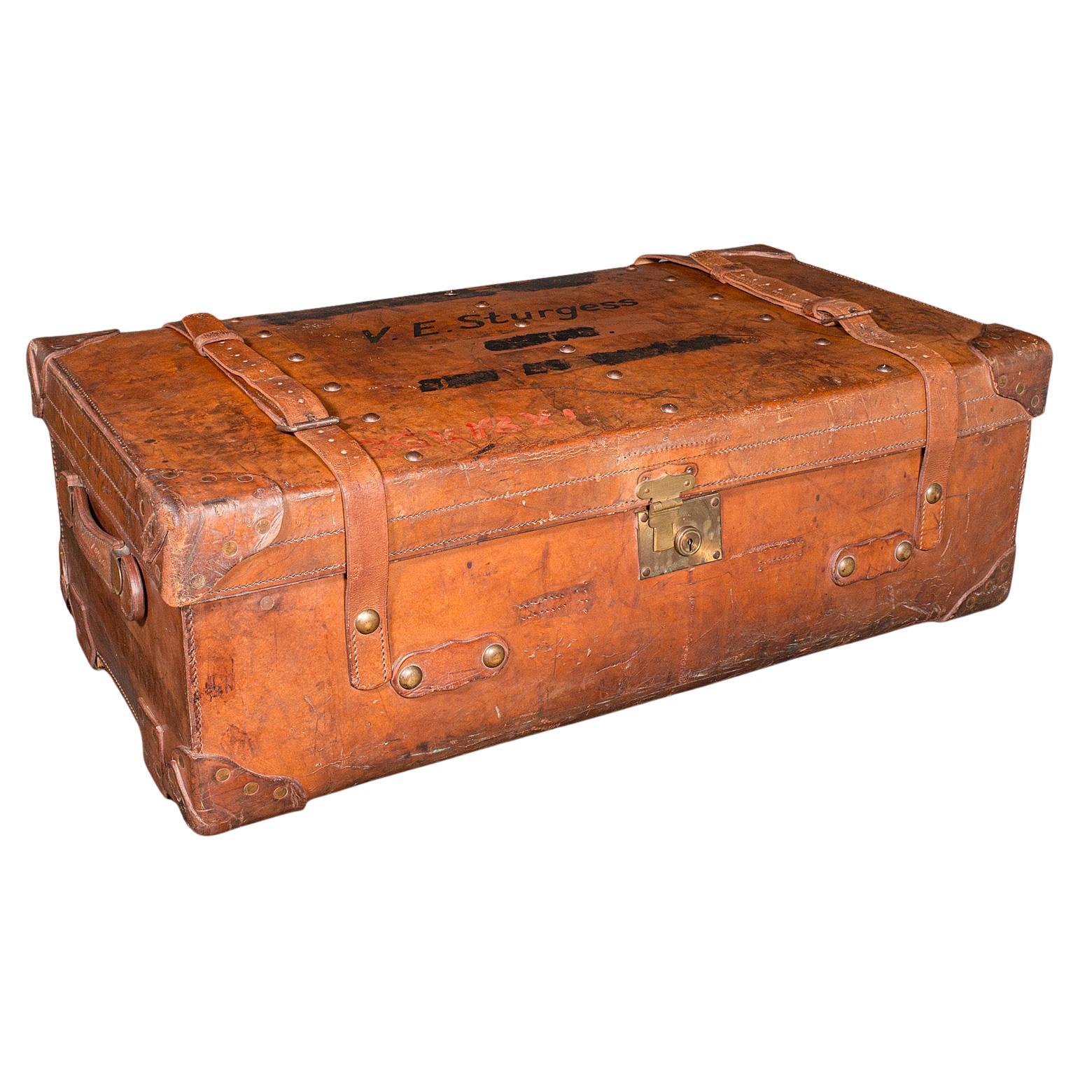 Großer antiker Koffer, Englisch, Leder, Koffer, Auslage, Edwardian