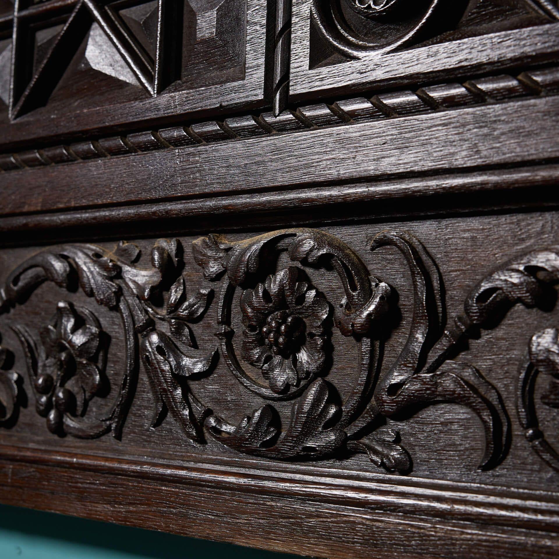 English Large Antique Tudor Revival Carved Oak Wall Panel For Sale