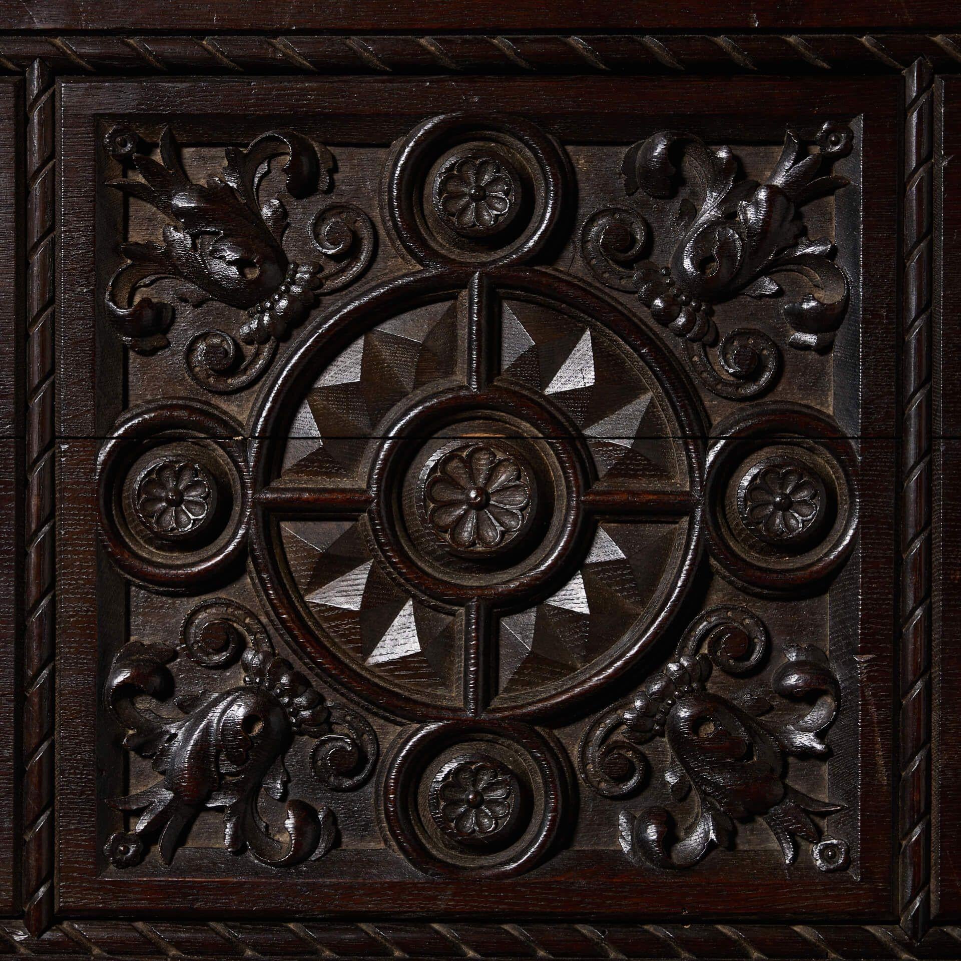 Hand-Carved Large Antique Tudor Revival Carved Oak Wall Panel For Sale
