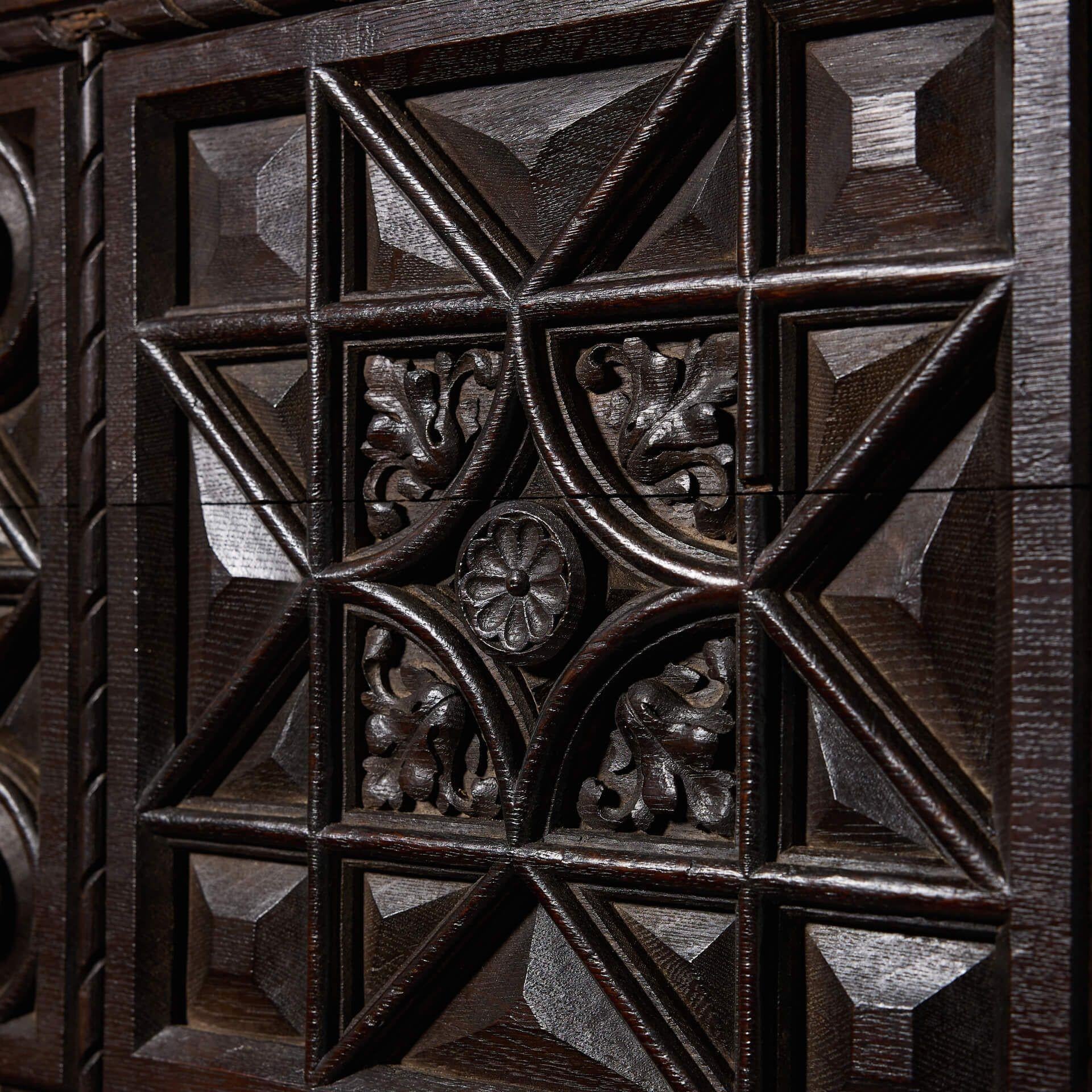 Large Antique Tudor Revival Carved Oak Wall Panel In Fair Condition For Sale In Wormelow, Herefordshire