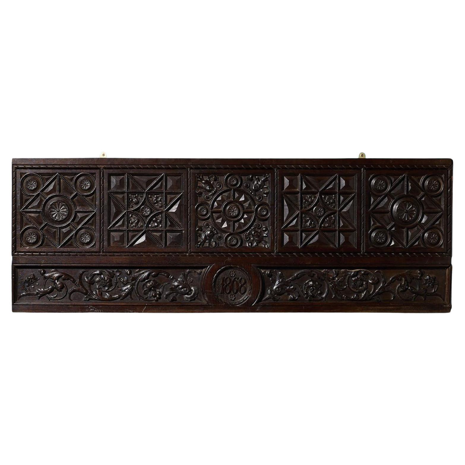 Large Antique Tudor Revival Carved Oak Wall Panel